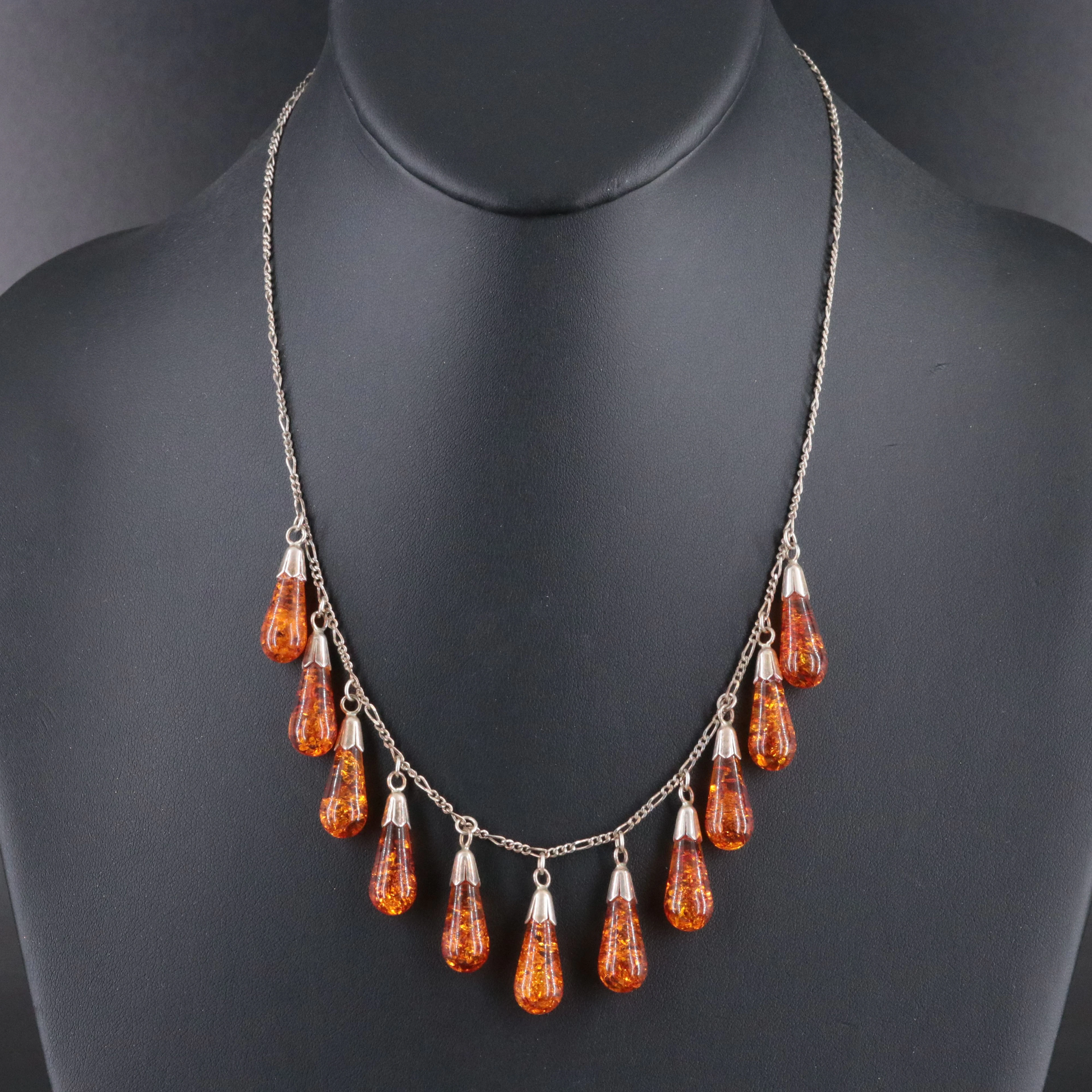 Polish Sterling Amber Fringe Necklace