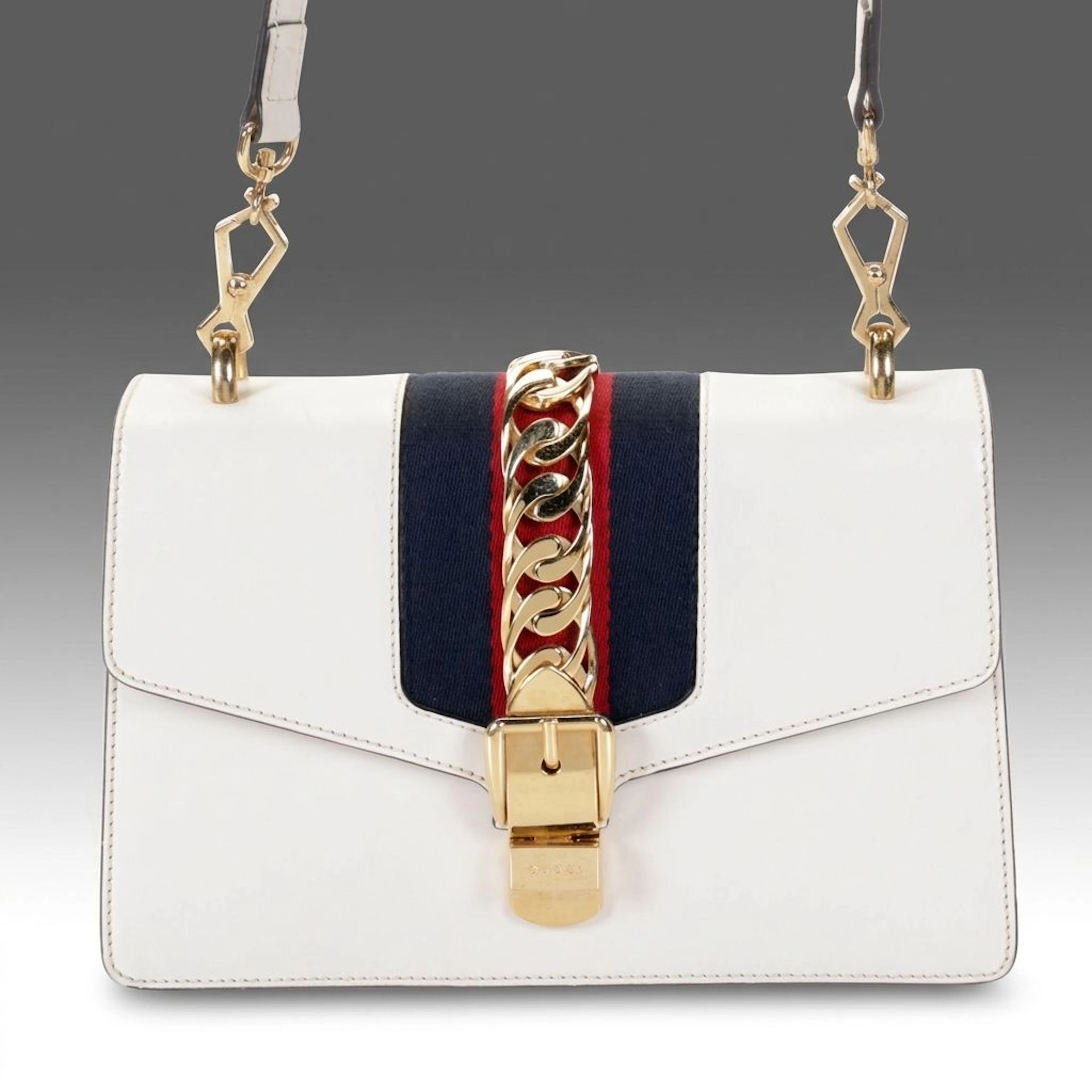Gucci Sylvie Shoulder Bag in Web Striped White Calfskin Leather