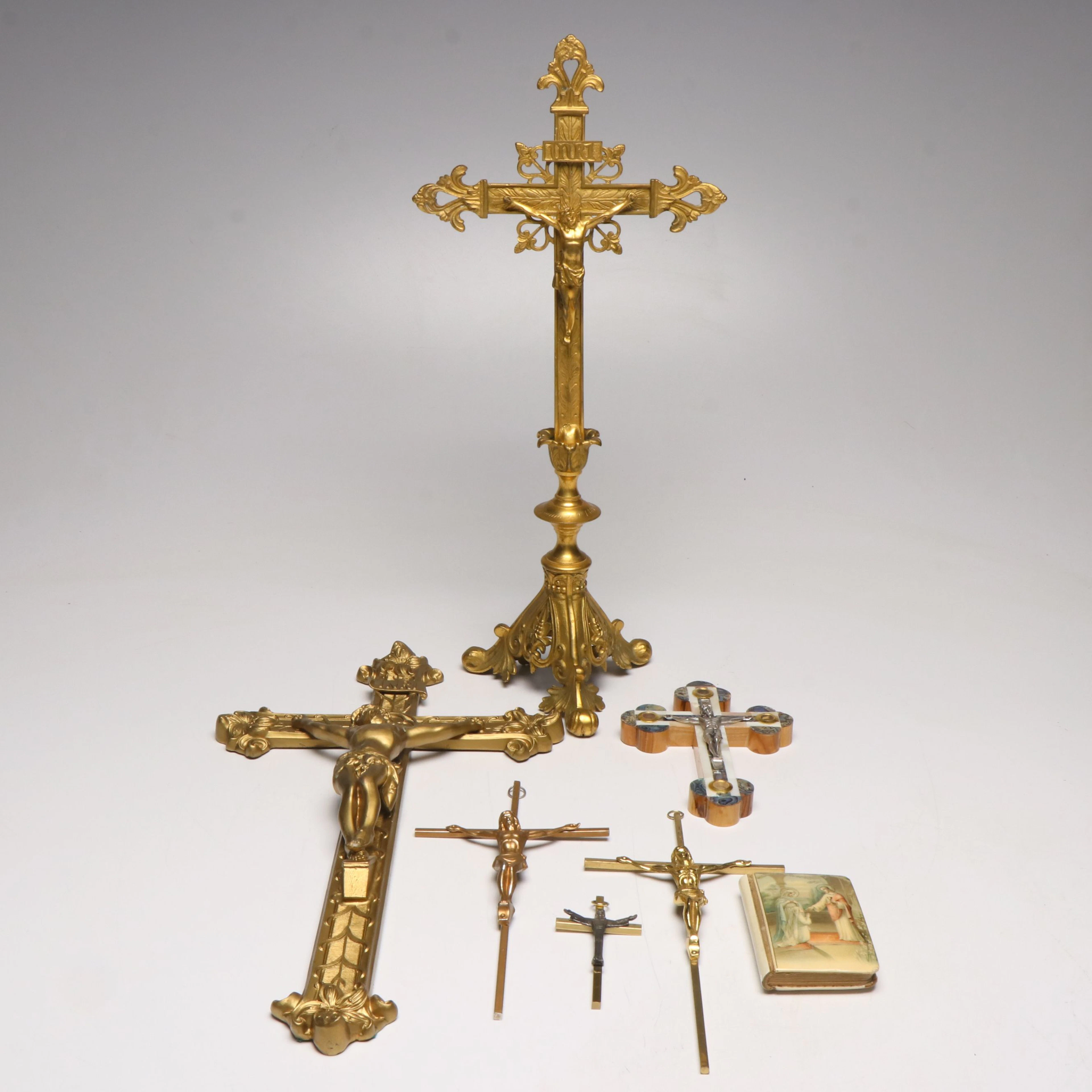 Abalone Reliquary Crucifix with Prayer Book and Other Crucifixes