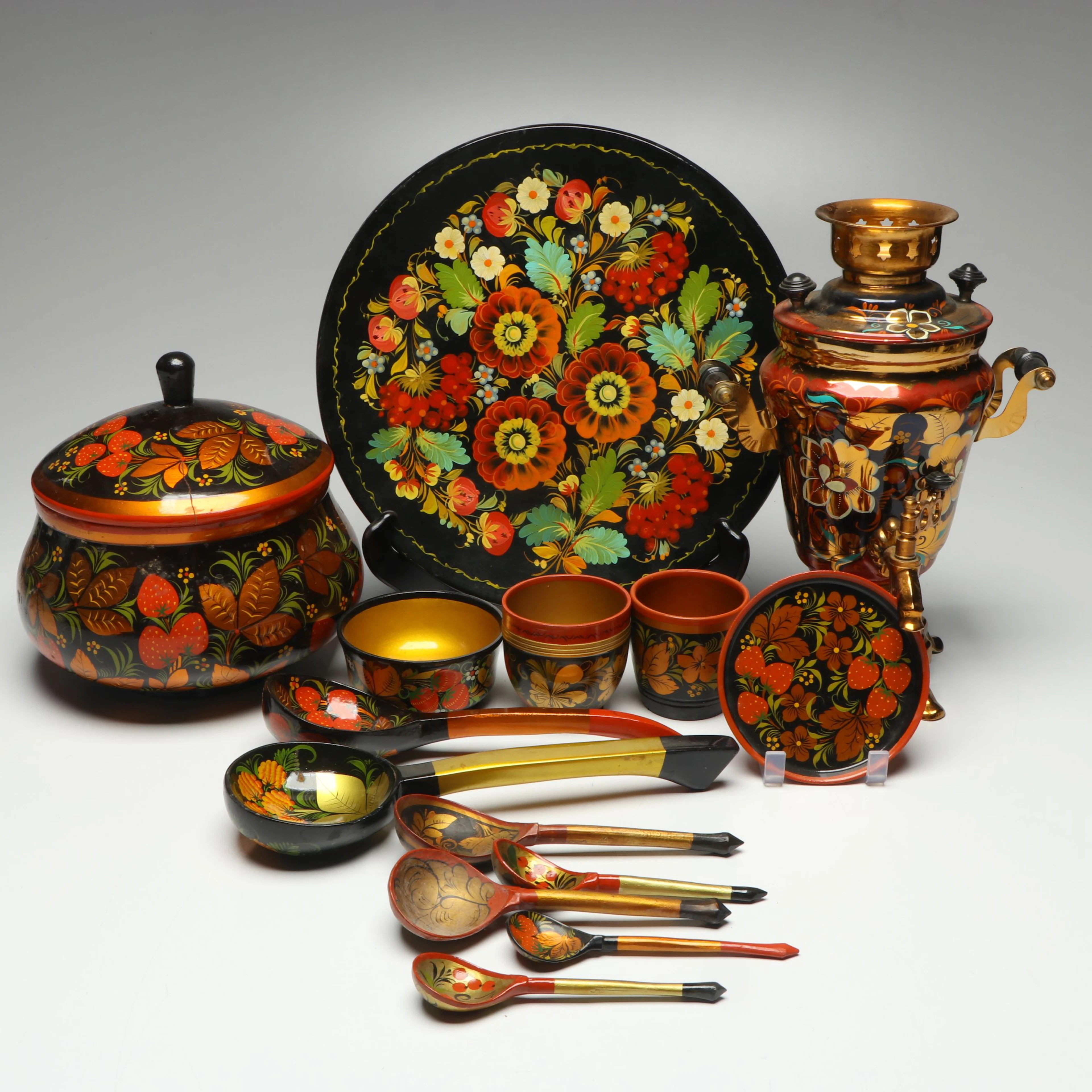 Russian Soviet Era Hand-Painted Lacquerware Plate, Utensils and More