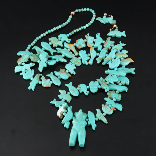Southwestern Gold-Filled Carved Fetish Necklace and Earrings Set