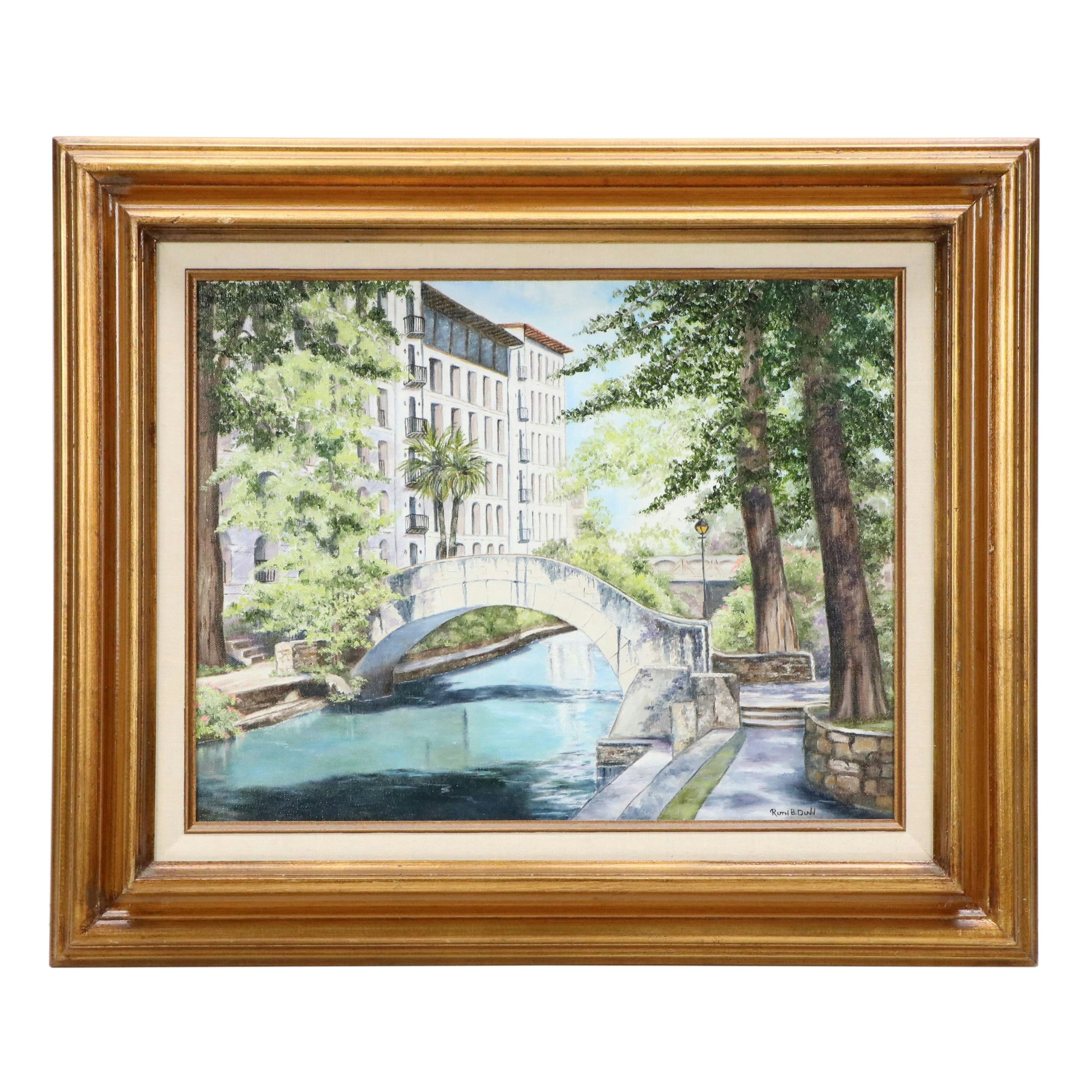 Ruth B. Dunn Oil Painting of Street Scene "Paseo Del Rio," Late 20th Century