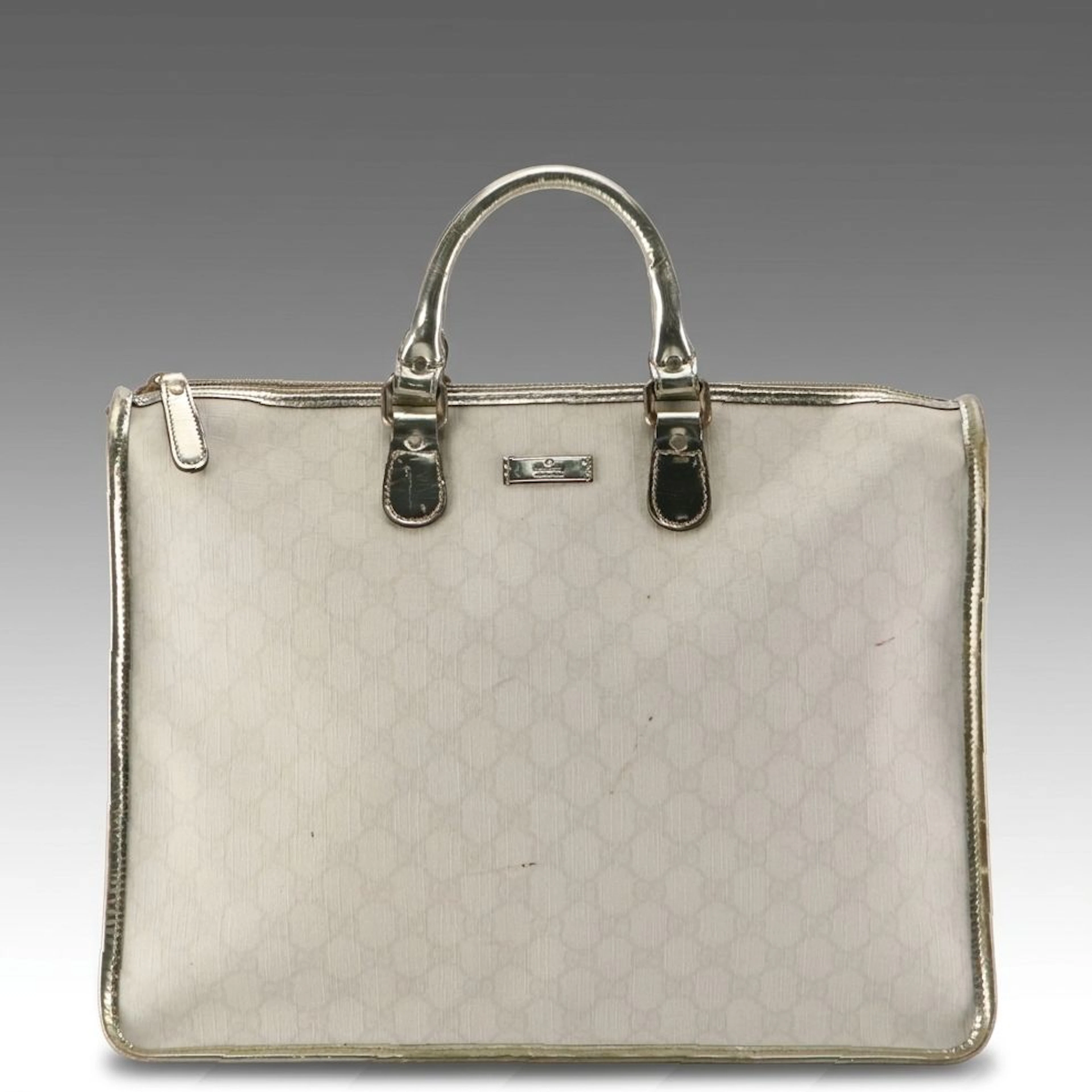 Gucci White GG Supreme Canvas and Metallic Gold Leather Tote Bag