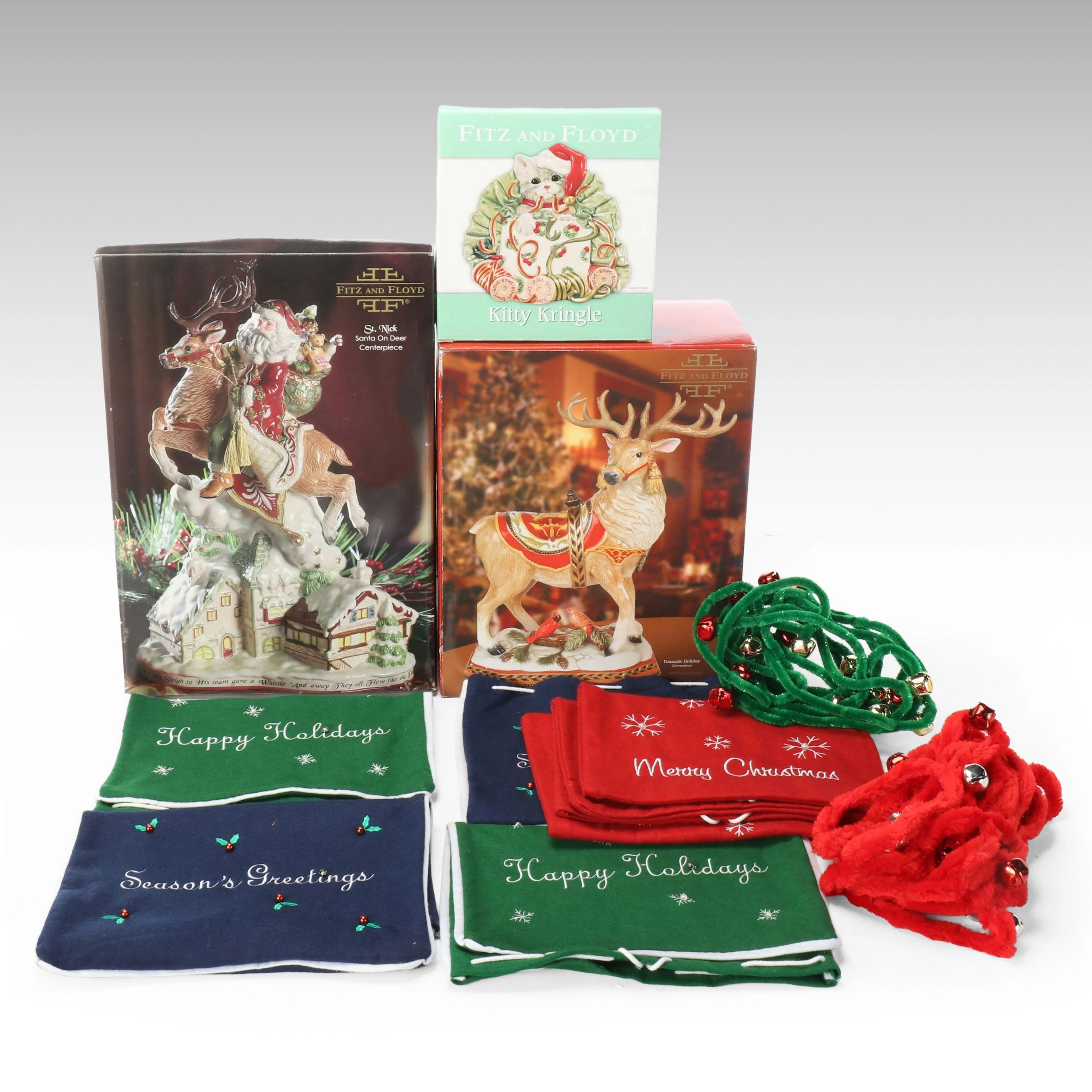 Fitz and Floyd "Santa on Deer" Centerpiece with Other Figures and Décor