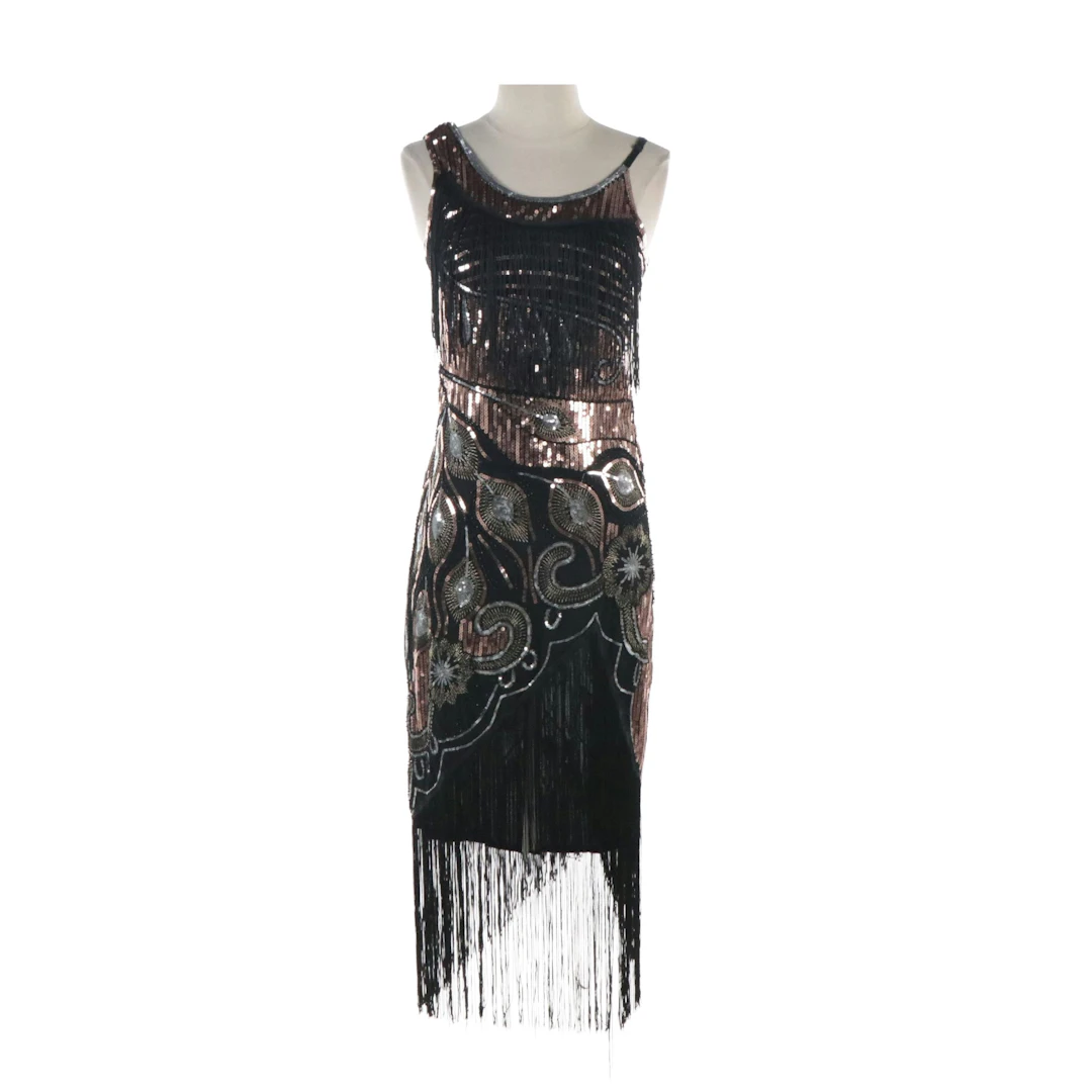 Fundaisy Art Deco Style Sequined and Fringed Evening Dress with Tag