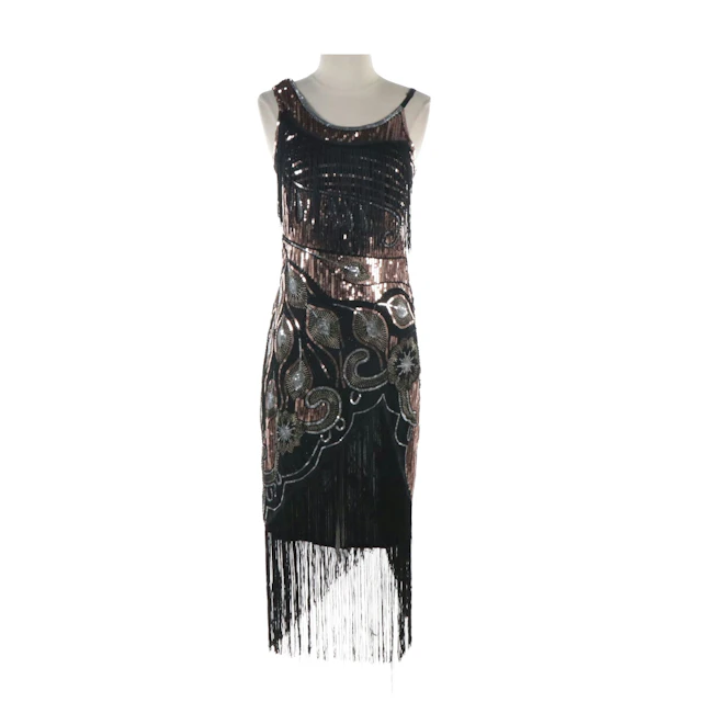 Fundaisy Art Deco Style Sequined and Fringed Evening Dress with Tag