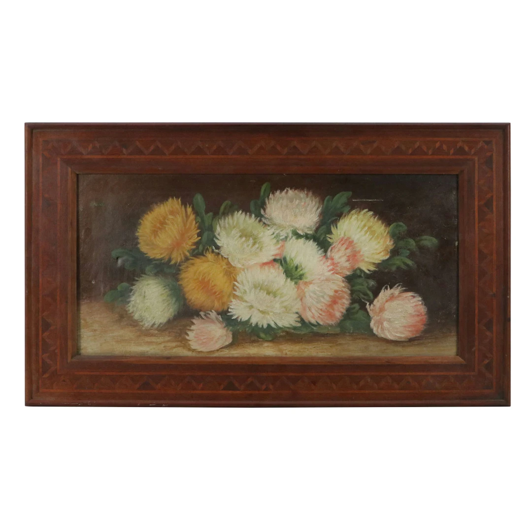 American School Floral Still Life OIl Painting of Chrysanthemums, Circa 1900