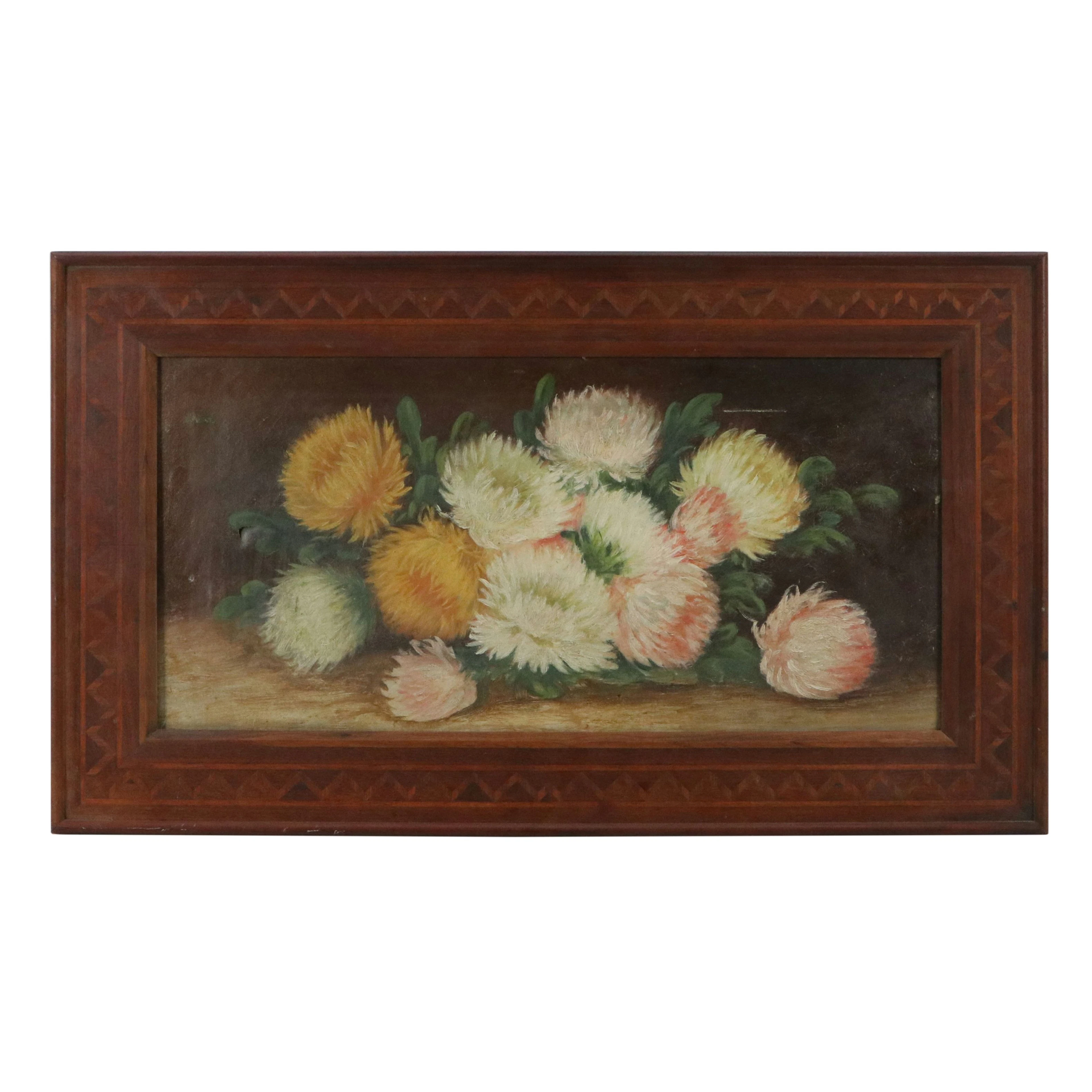 American School Floral Still Life OIl Painting of Chrysanthemums, Circa 1900