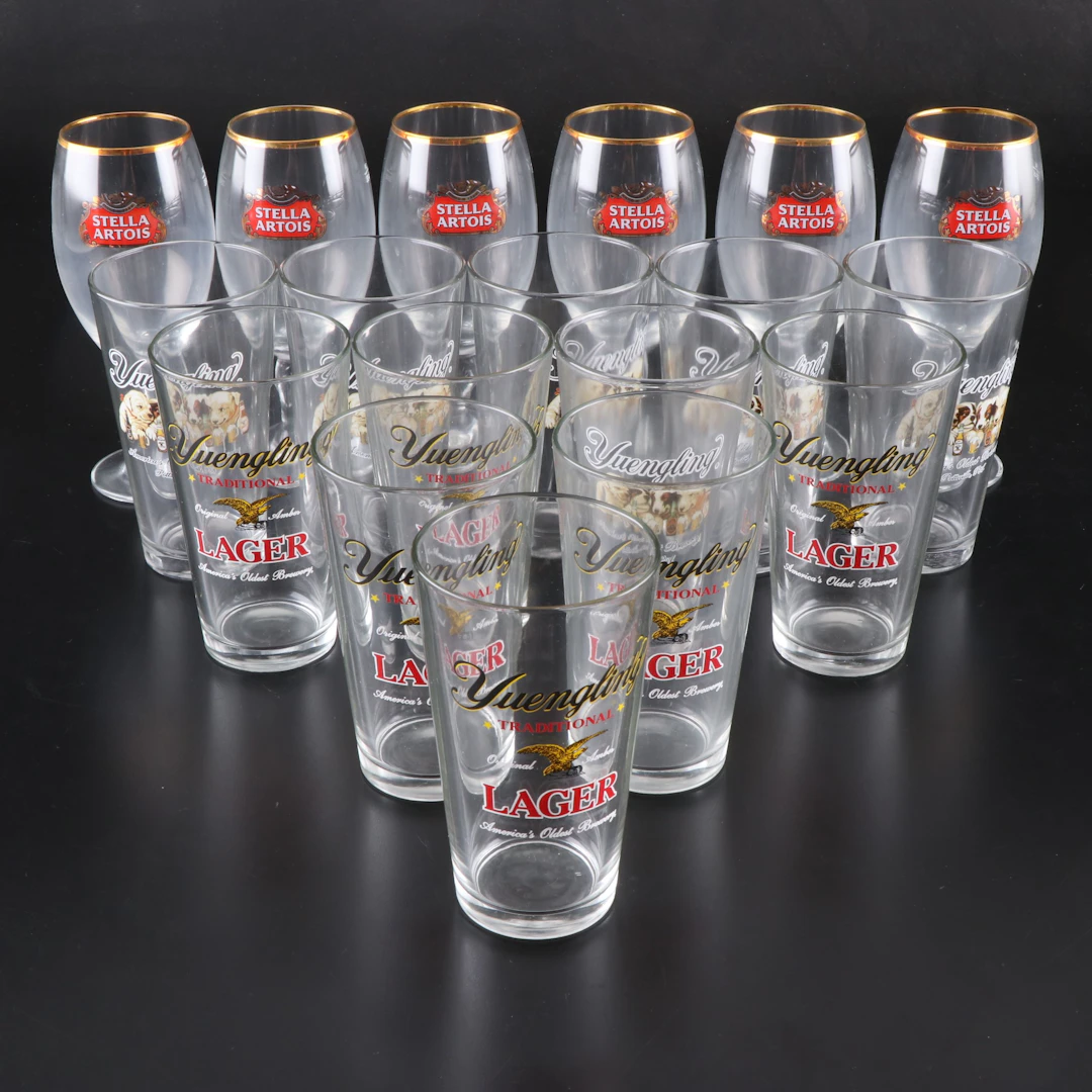 Stella Artois Beer Chalices with Yuengling Pint Glasses, 21st Century