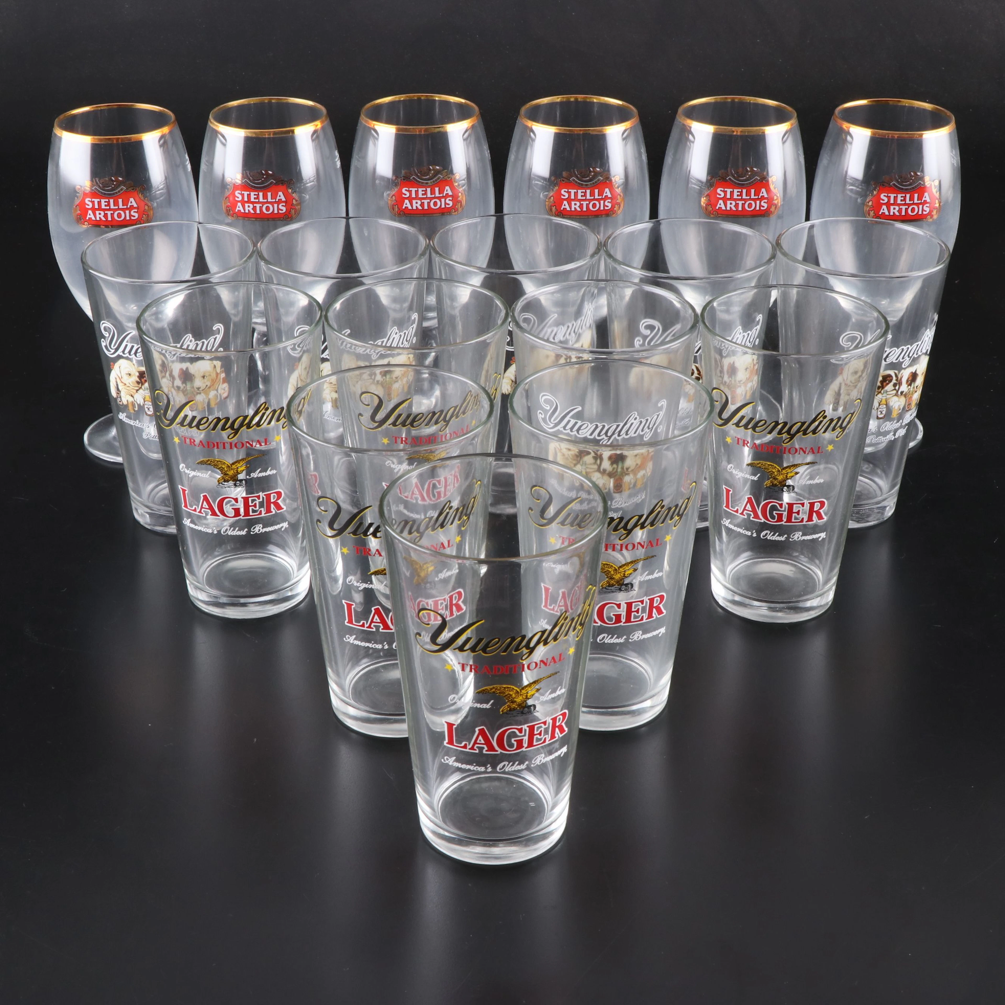 Stella Artois Beer Chalices with Yuengling Pint Glasses, 21st Century