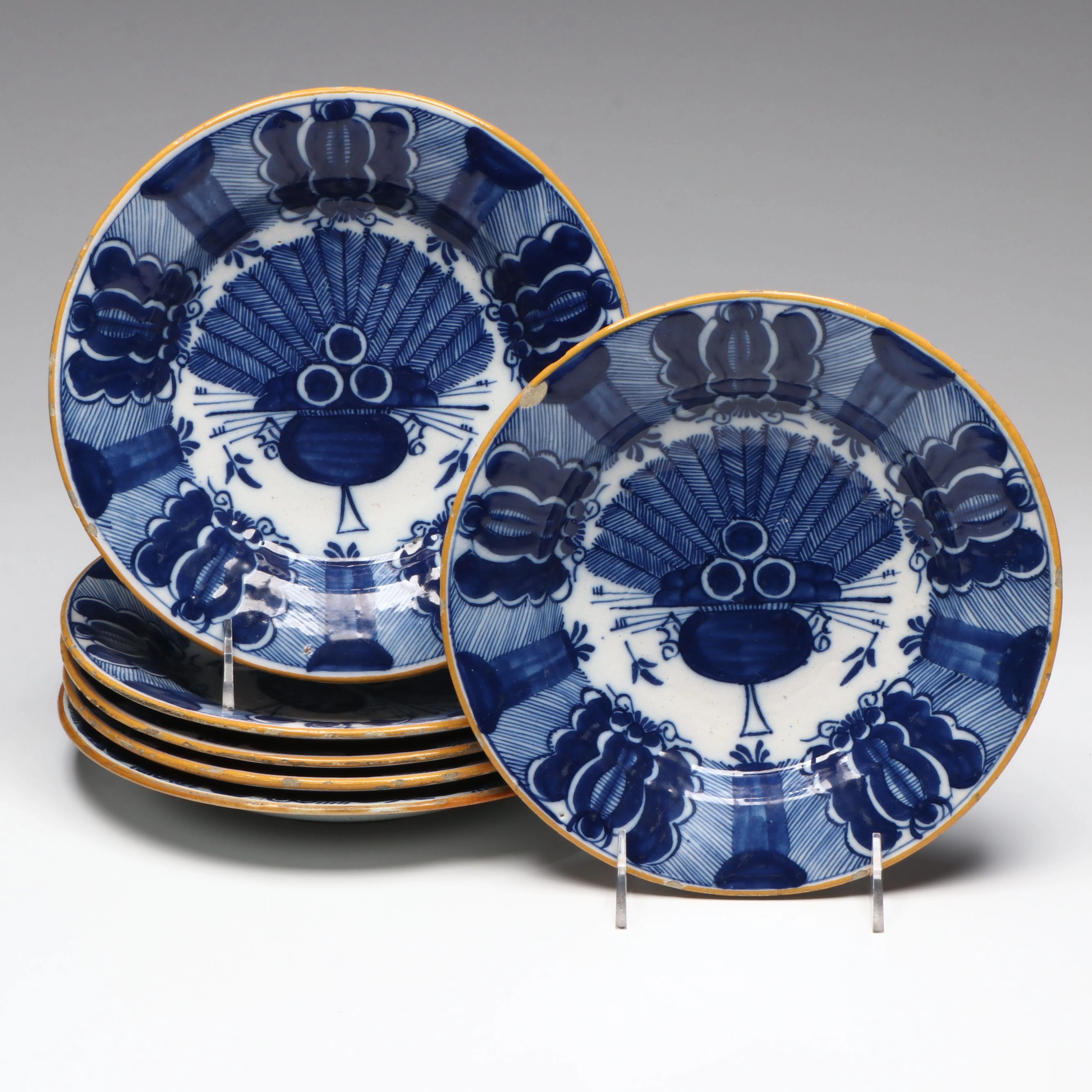 De Klaauw Delft Tin Glazed Earthenware Peacock Plates, 18th Century