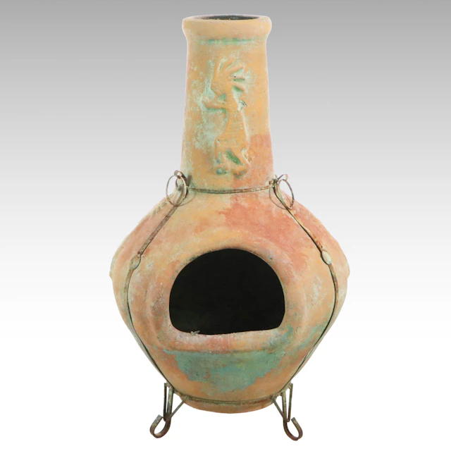 Terracotta Chiminea with Metal Legs and Kokopelli Relief