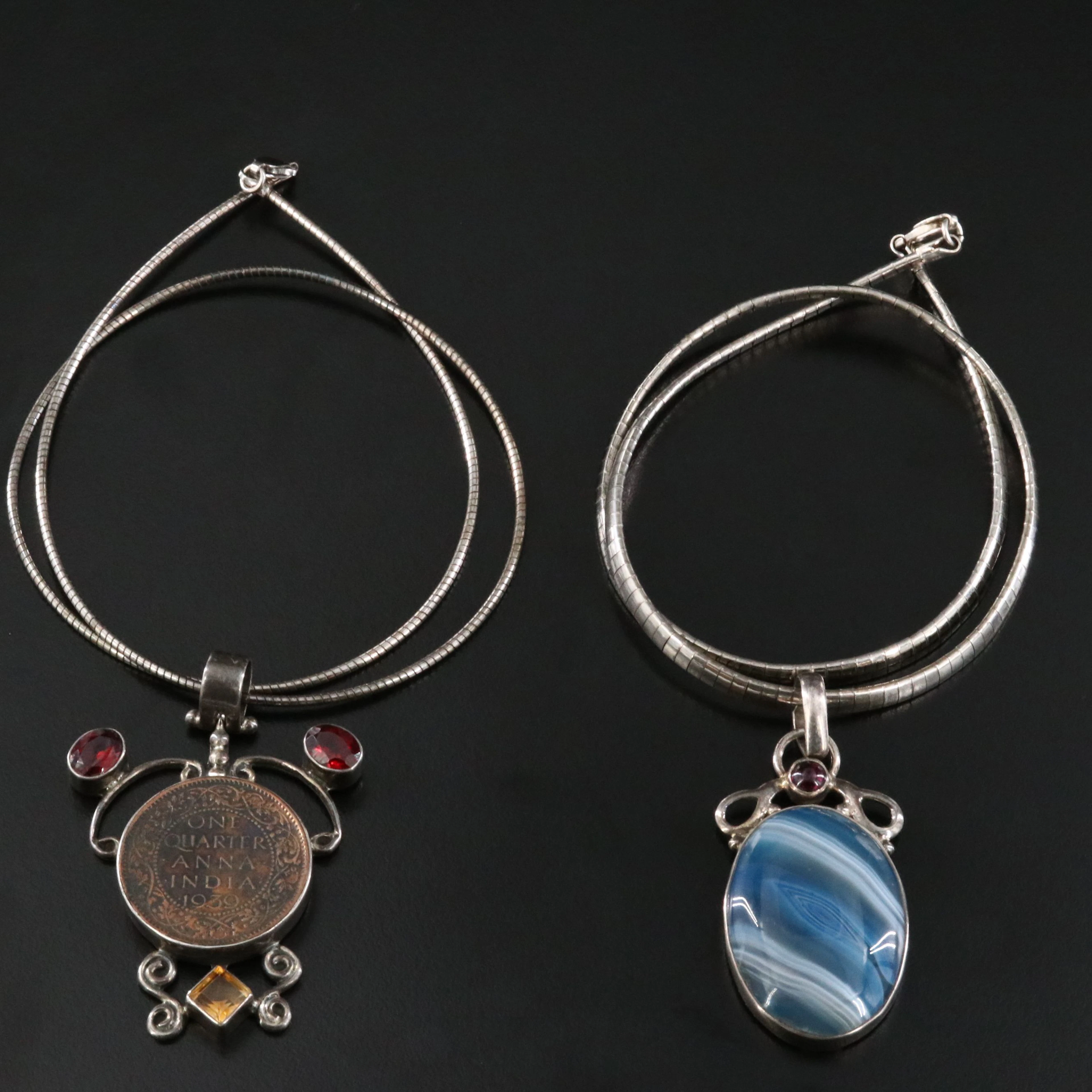 Sterling Necklaces with Garnet, Citrine and Indian 1939 1/4-Anna Coin