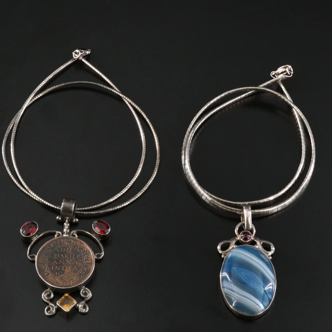 Sterling Necklaces with Garnet, Citrine and Indian 1939 1/4-Anna Coin