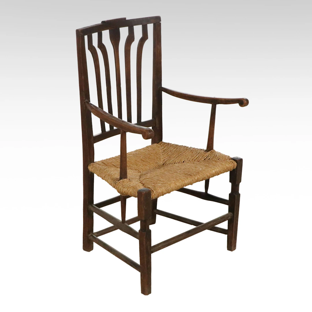 English Arts and Crafts Style Wood Armchair with Rush Seat