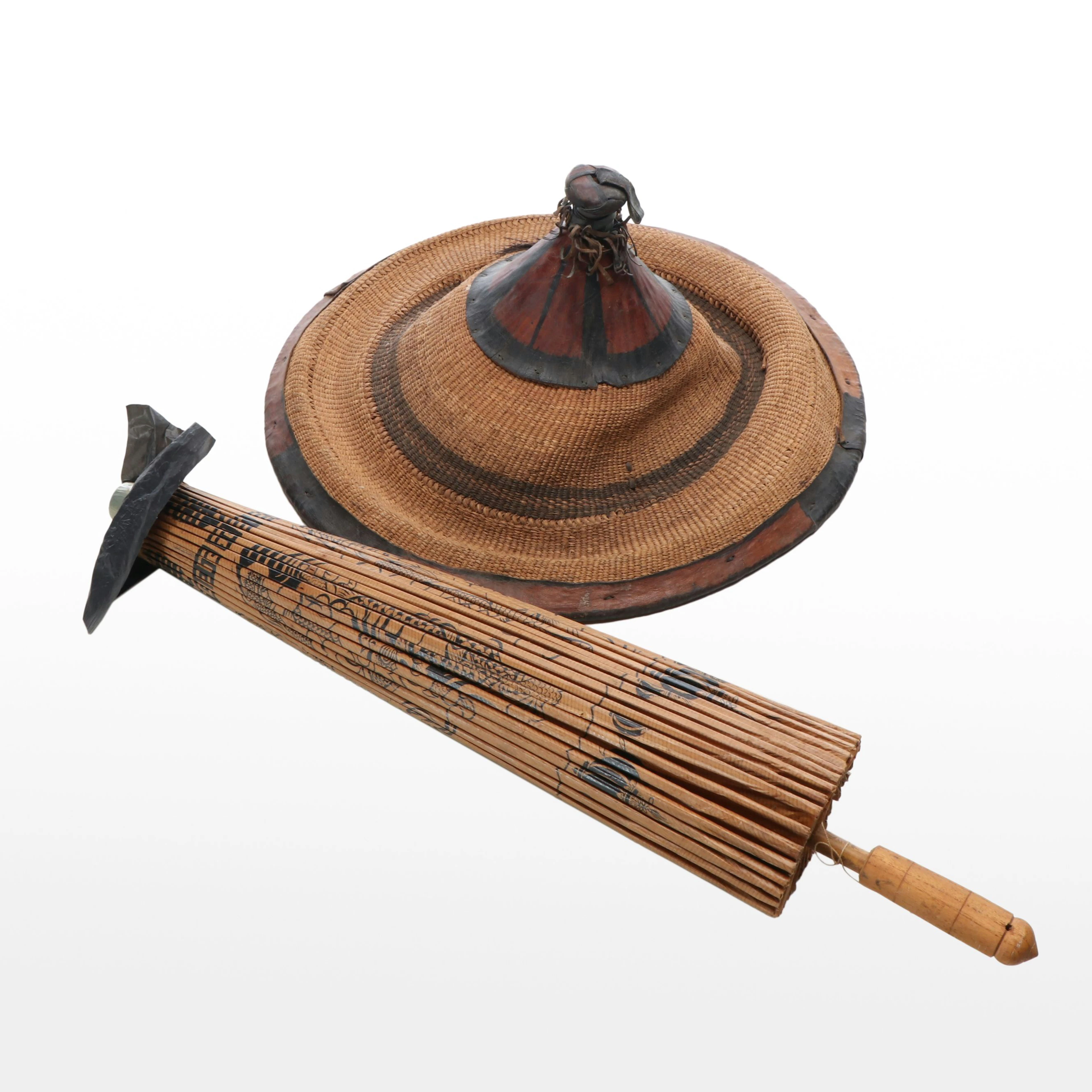 Fulani Tengaade Grass and Leather Hat with Japanese Oil Paper Bamboo Parasol