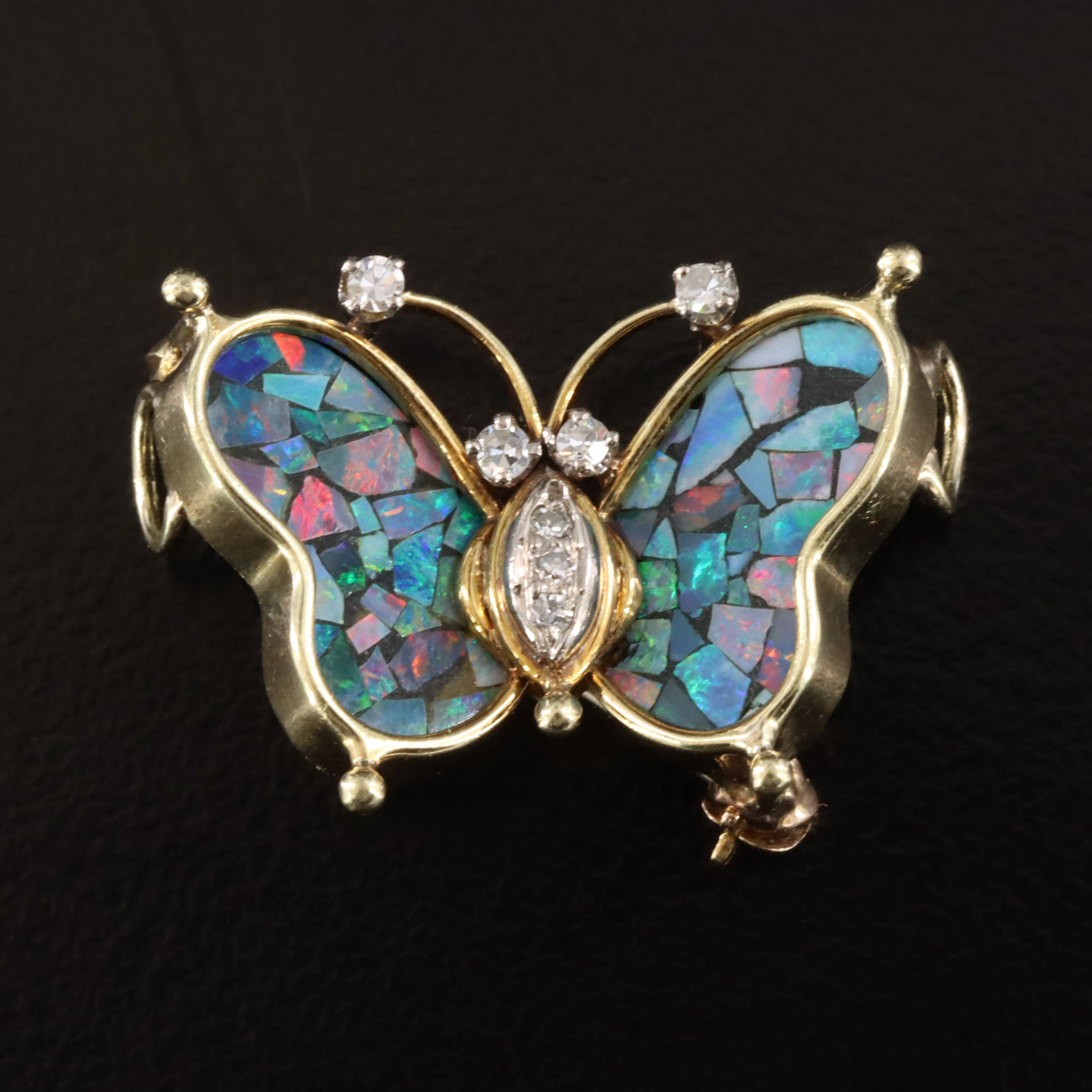 Jack Gutschneider 14K Opal Mosaic and Diamond Butterfly Brooch