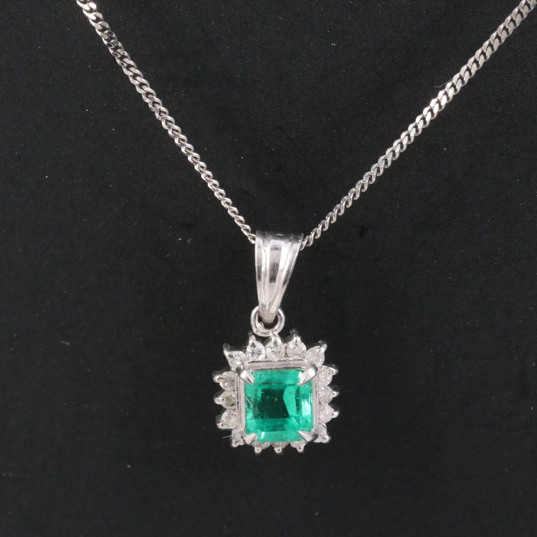 Platinum Emerald and Diamond Pendant Necklace