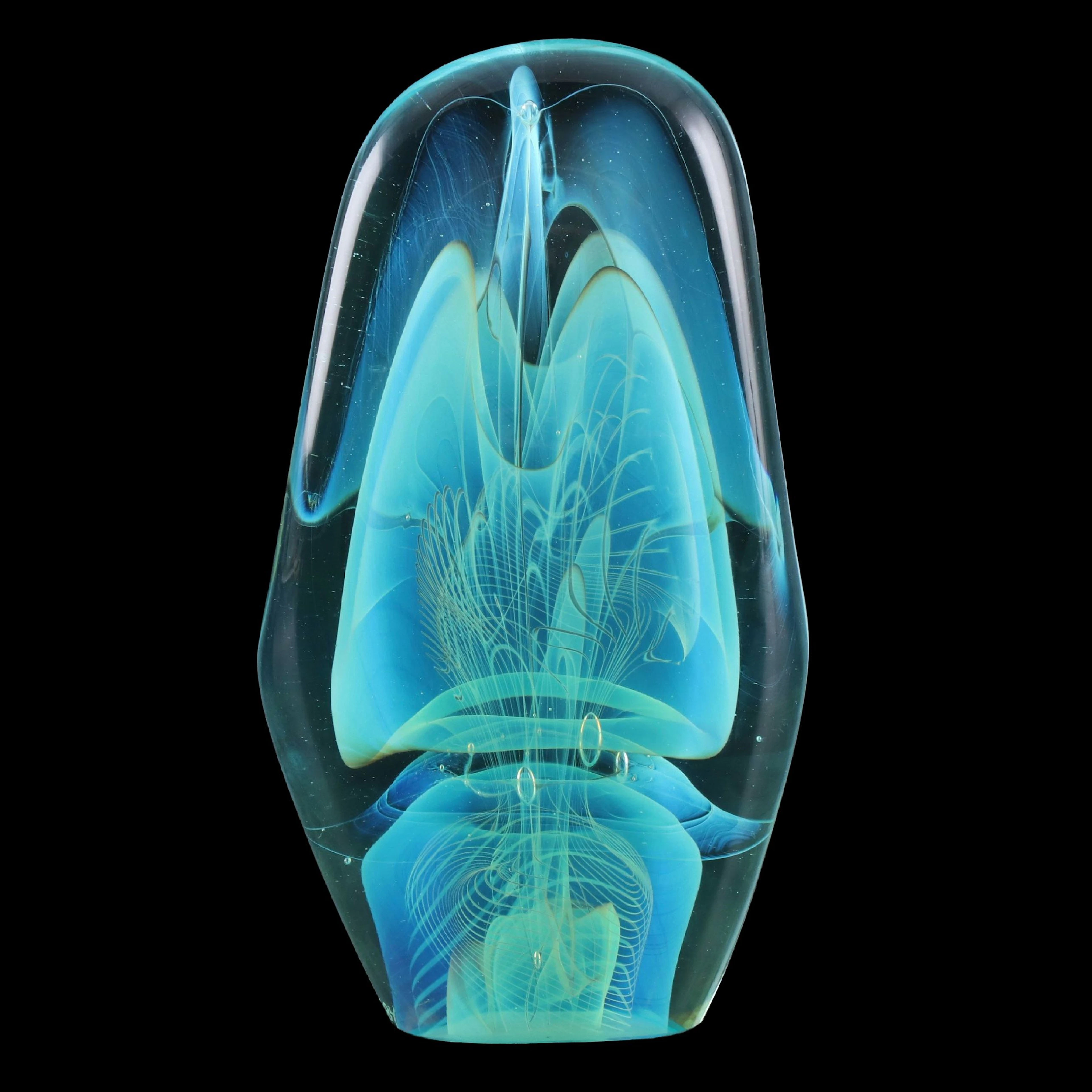 Bill Slade Transparent Turquoise Abstract Studio Art Glass Figurine, 1984
