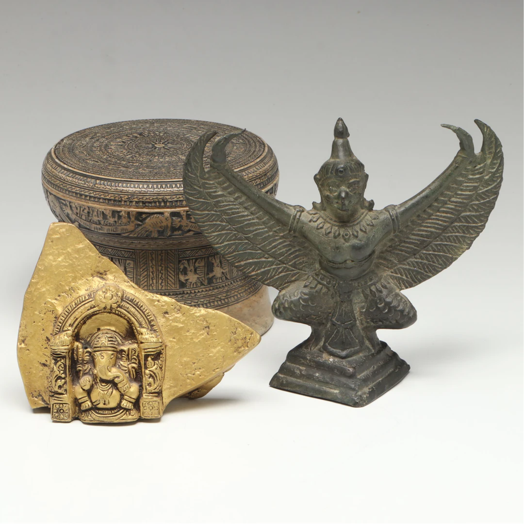 Thai Bronze Garuda Deity, Indian Lord Ganesha and Dong Son Style Ceremonial