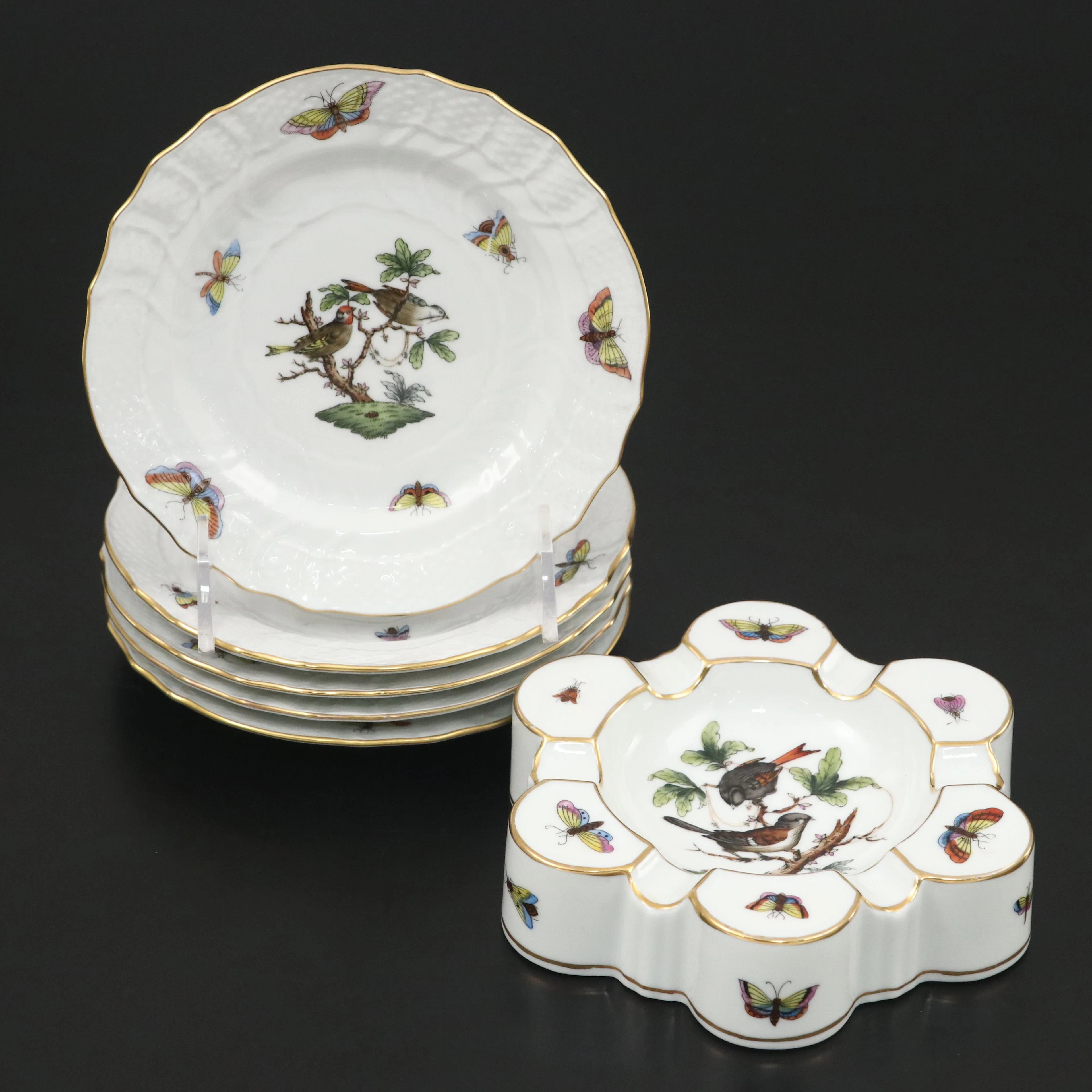 Herend "Rothschild Bird" Porcelain Bread and Butter Plates and Ashtray