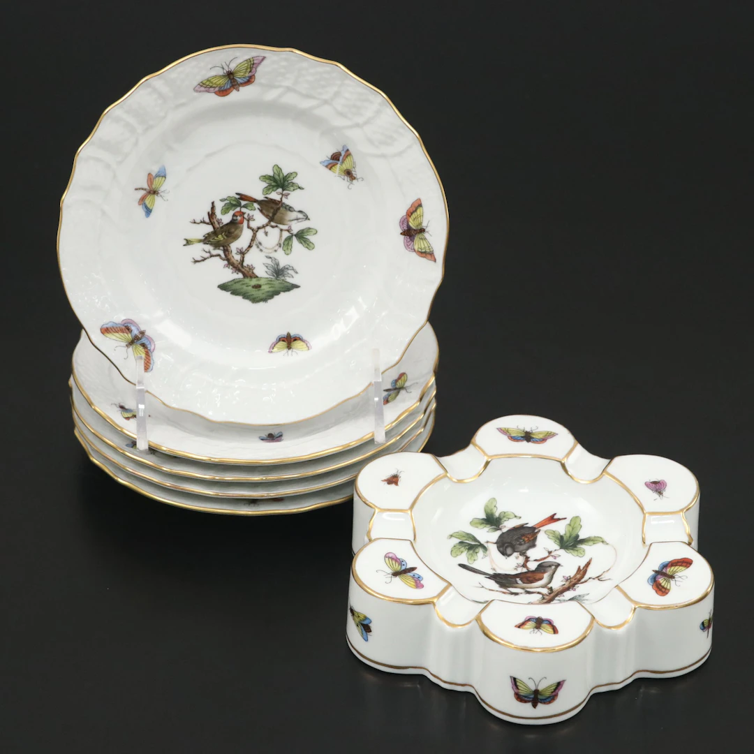 Herend "Rothschild Bird" Porcelain Bread and Butter Plates and Ashtray