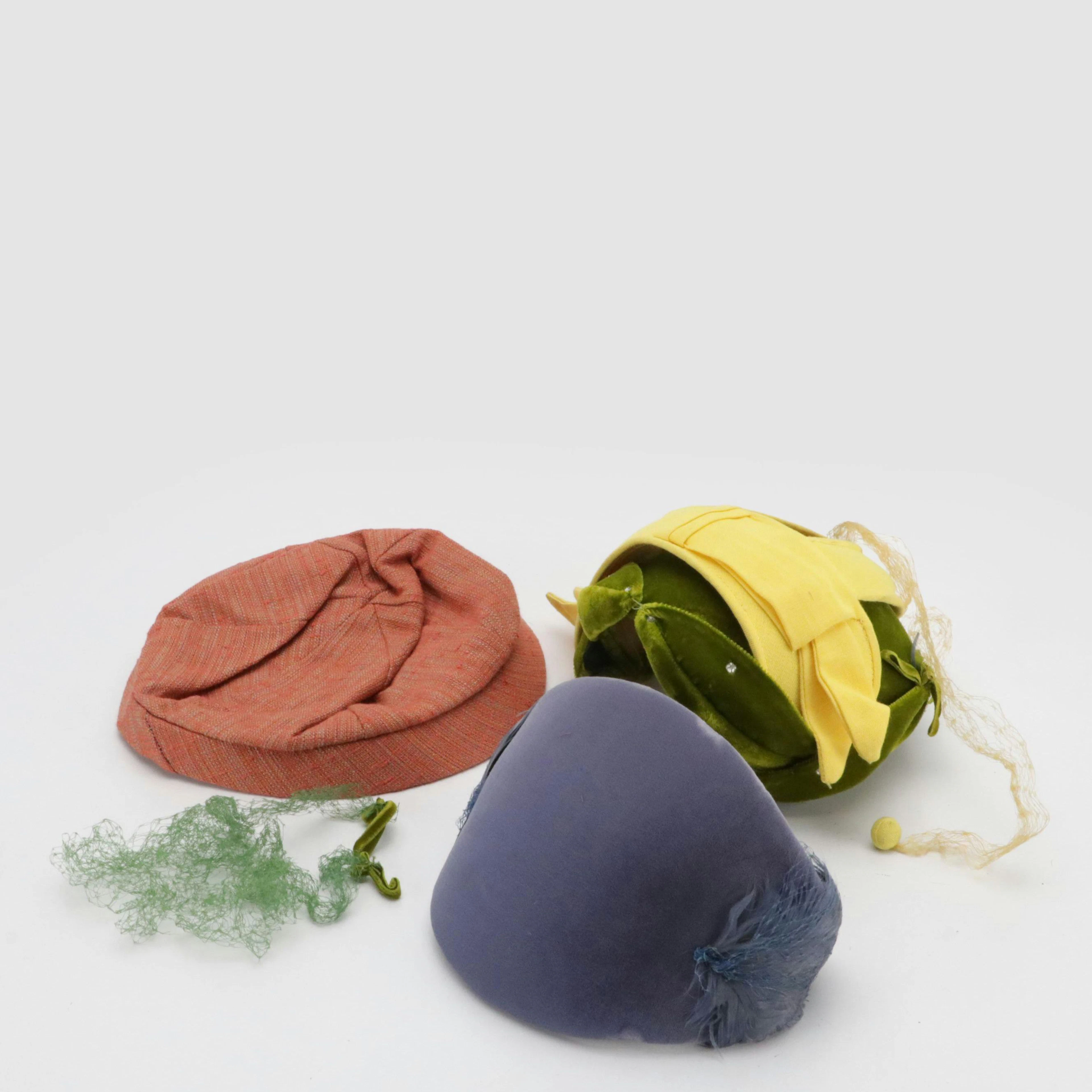 Vintage Brimmed Cloche, Veiled Calot, Yellow Casque and More Hats with Box
