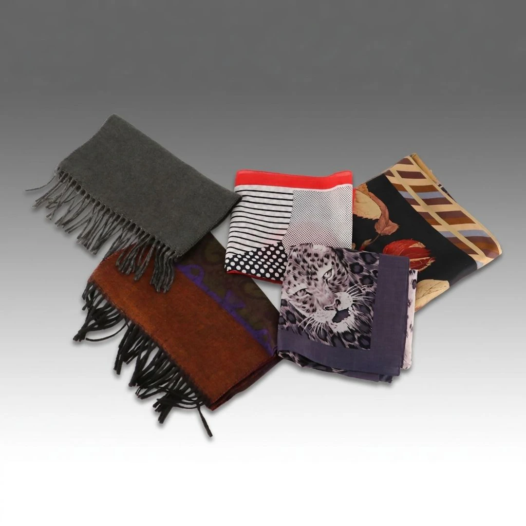 Perry Ellis Autumn Leaves Printed Silk Scarf with Other Scarves in Wool/Cotton