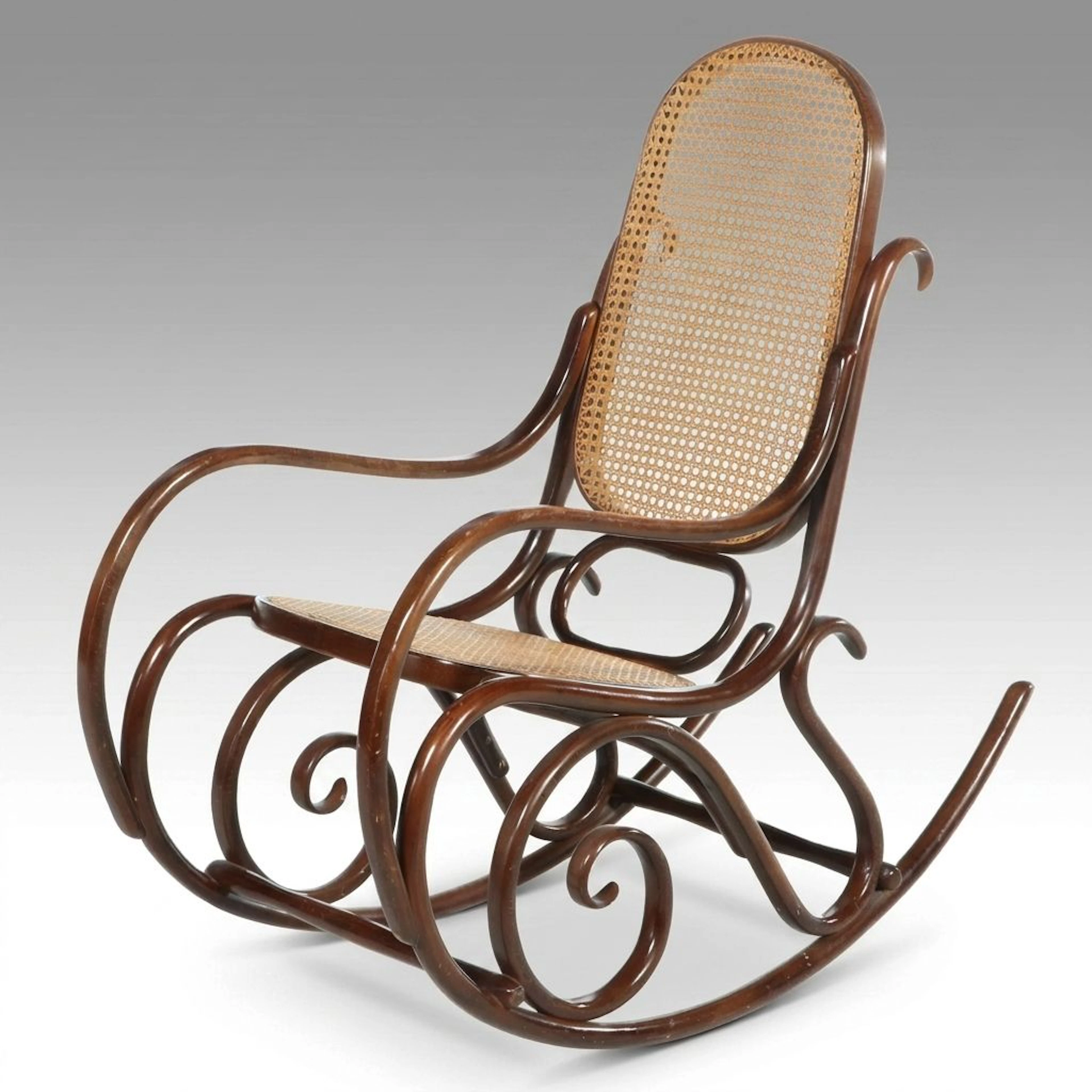 Thonet Style Bent Wood Rocking Chair with Caned Seat and Back