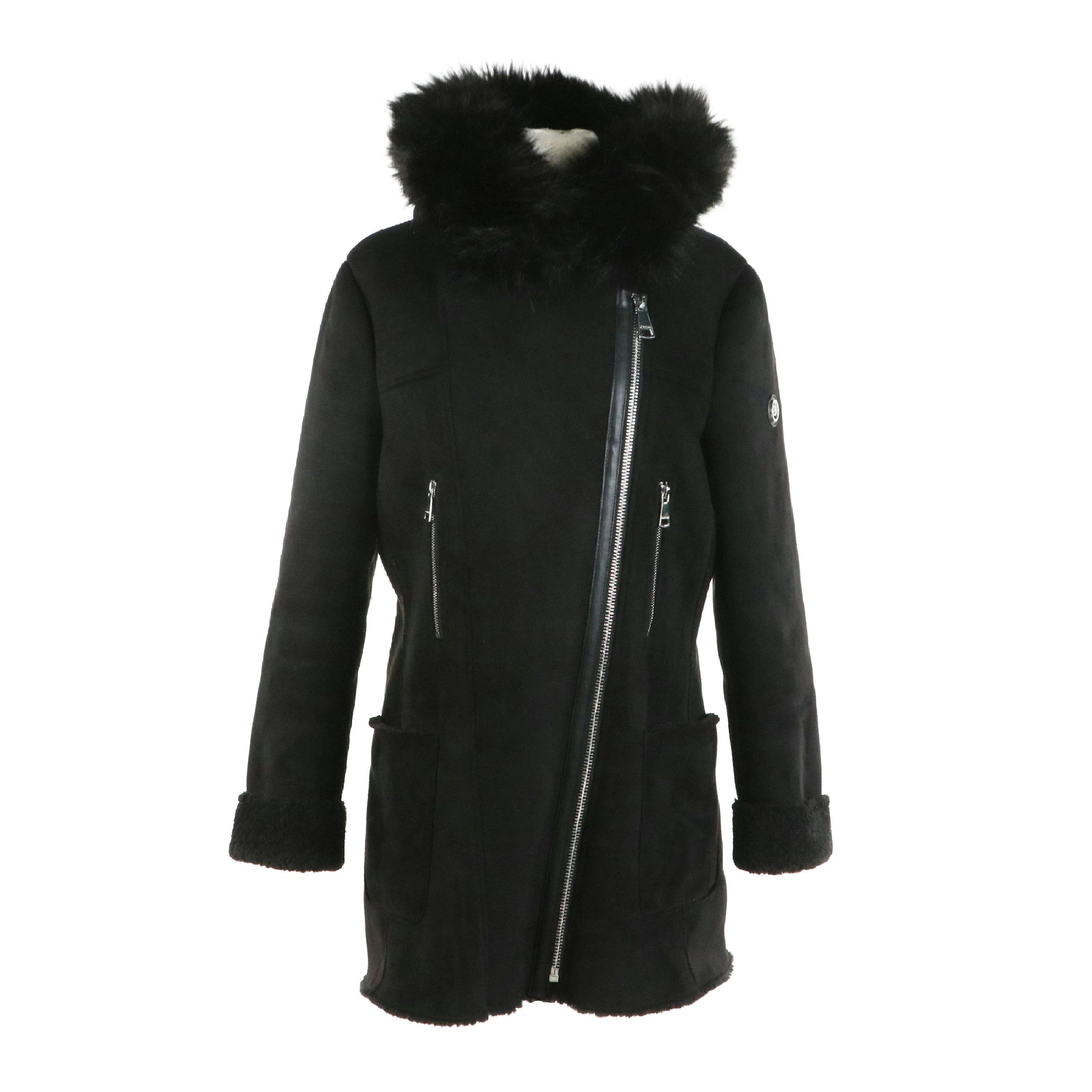Calvin Klein Faux Shearling & Faux Fur Hood Asymmetrical Moto Style Jacket