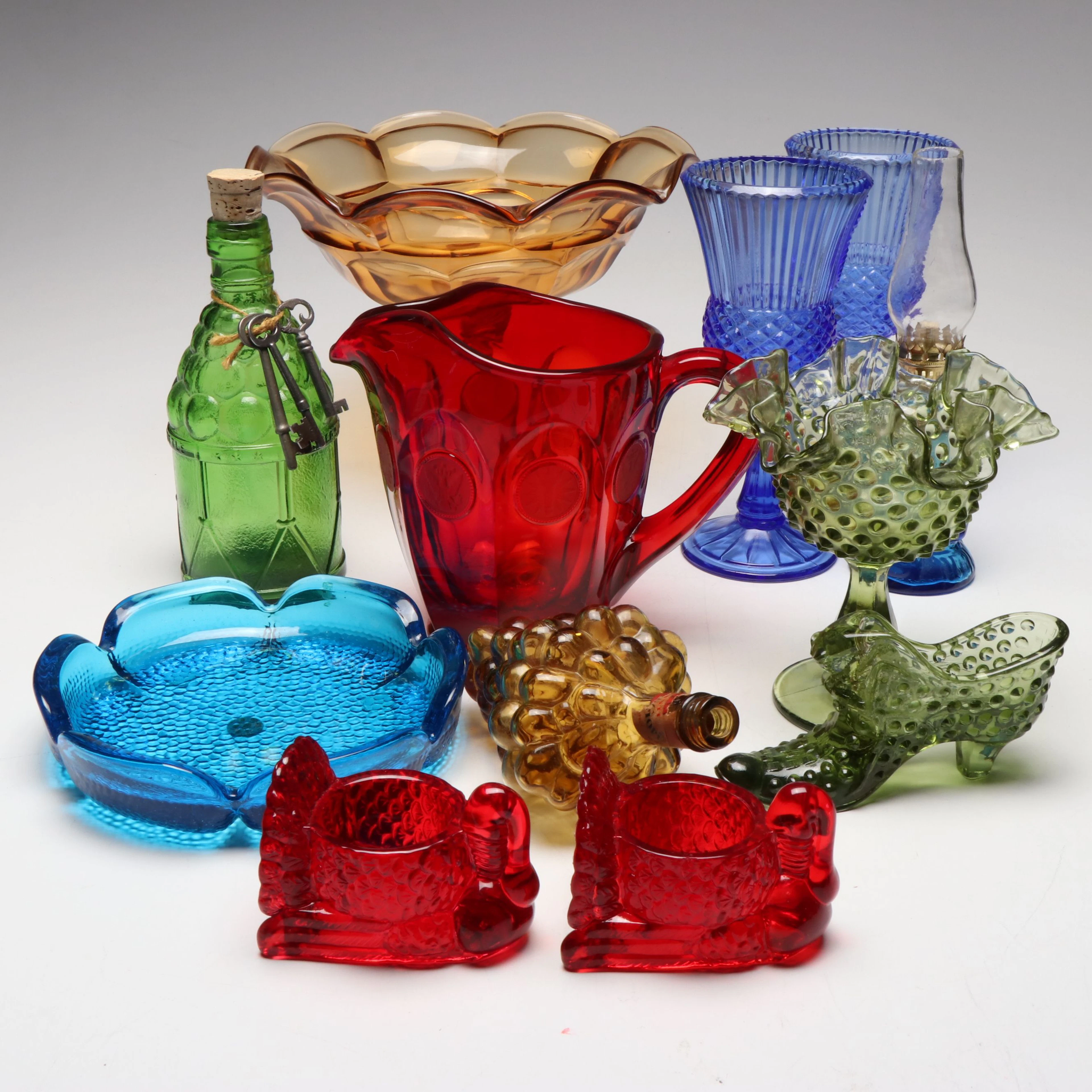 Blenko "Lotus" Pebbled Ashtray with Fostoria "Coin" Ruby Pitcher and More Glass