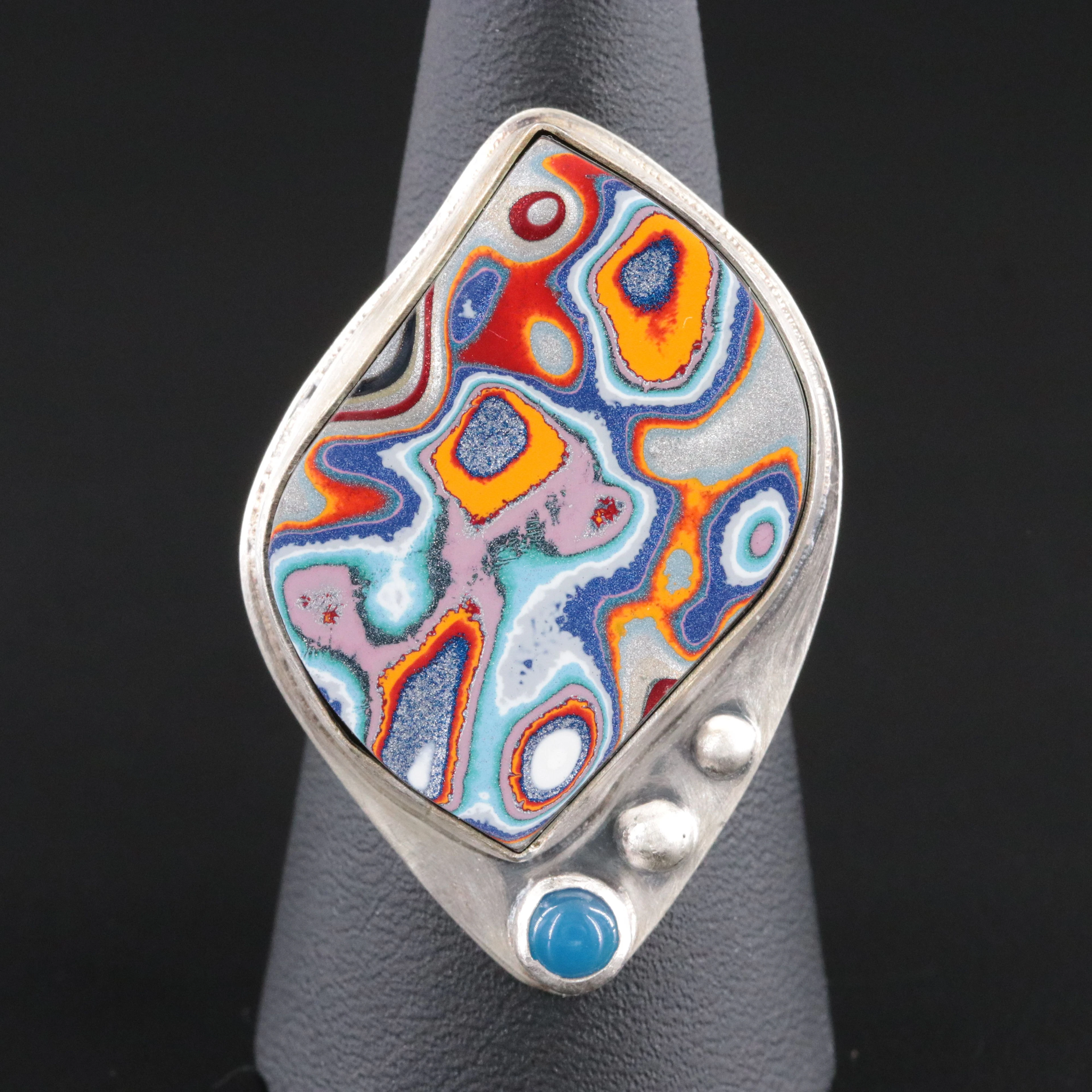 Contemporary Sterling Fordite & Chalcedony Ring