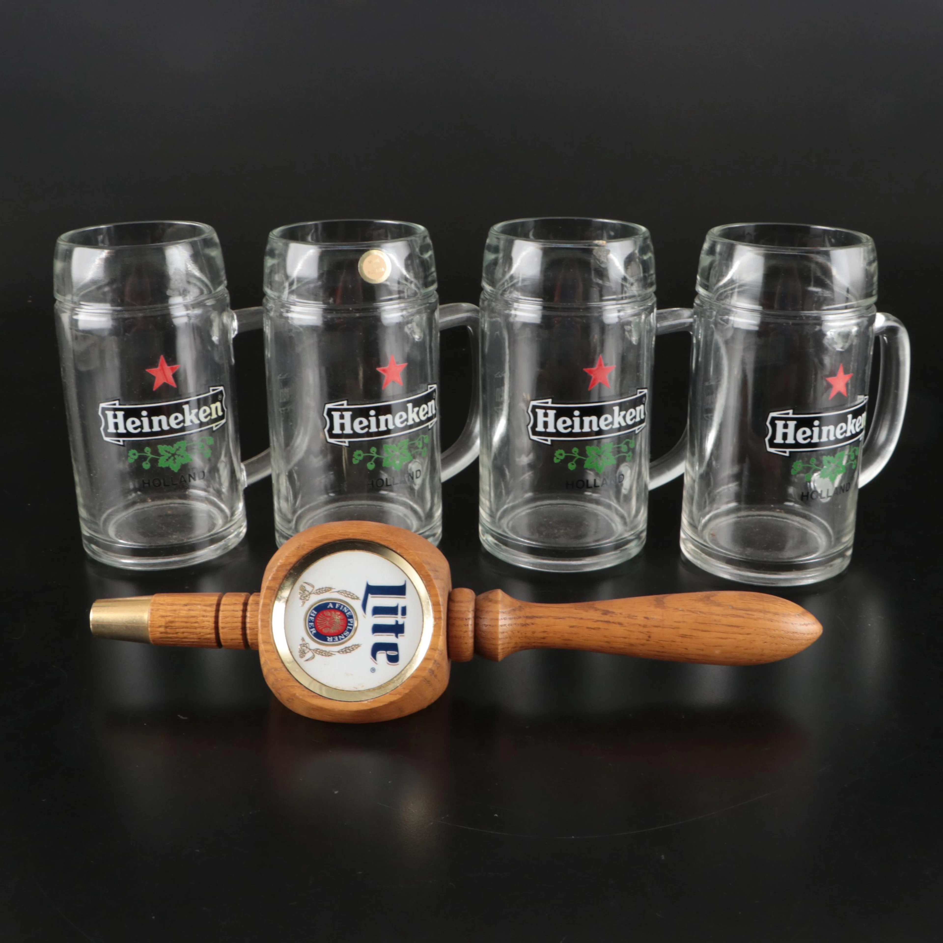 Miller Lite Oak Tap Handle with Heineken 1/2 Liter Tankards