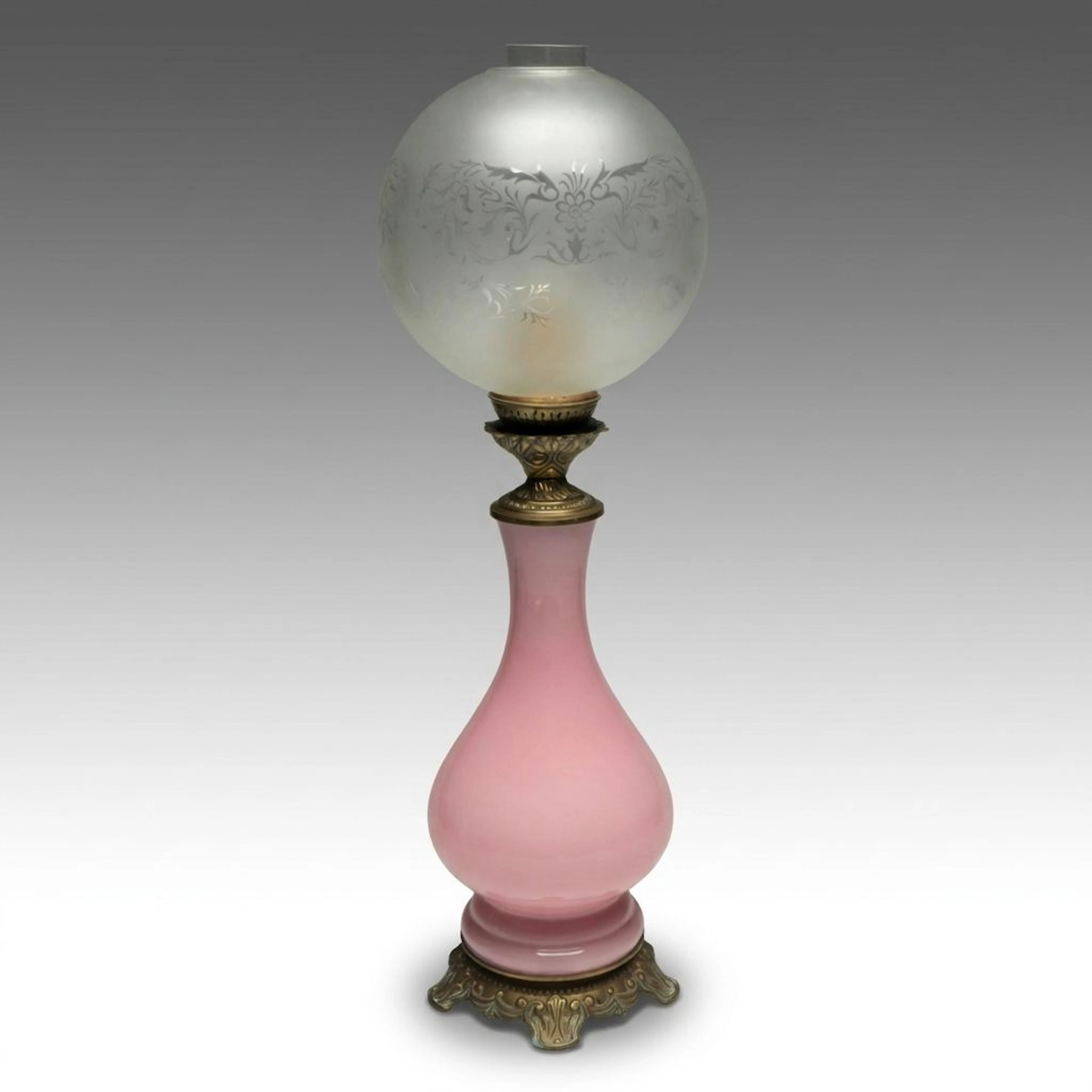 Victorian Style Pink Accent Table Lamp with Floral Etched Frosted Dome Shade