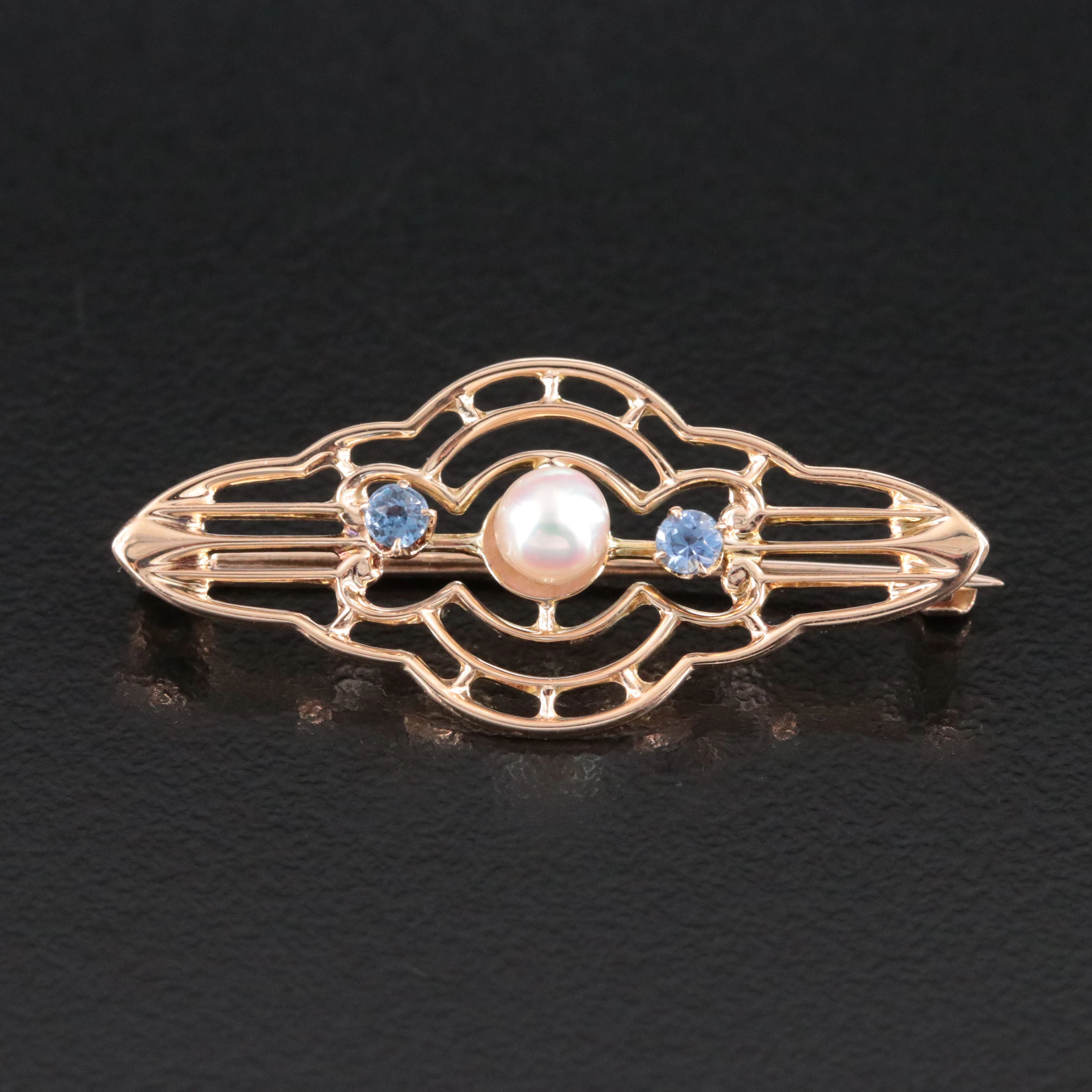 Art Nouveau Swift & Fisher 10K Pearl and Sapphire Beauty Pin