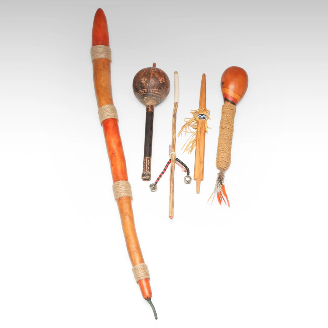 Indigenous Handcrafted Rattles, Pipe Stem and Ceremonial Sticks