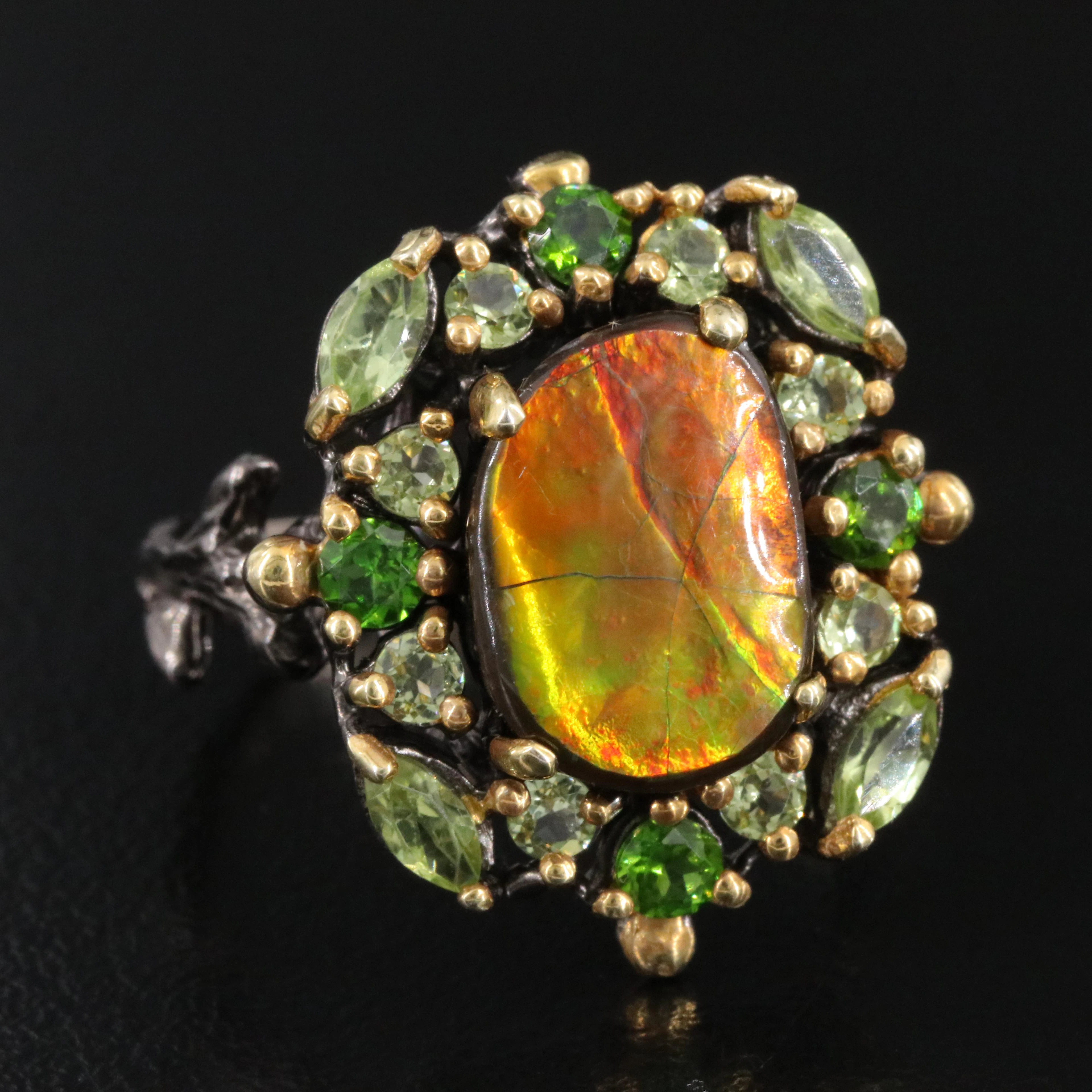 Sterling Ammolite, Peridot and Diopside Ring