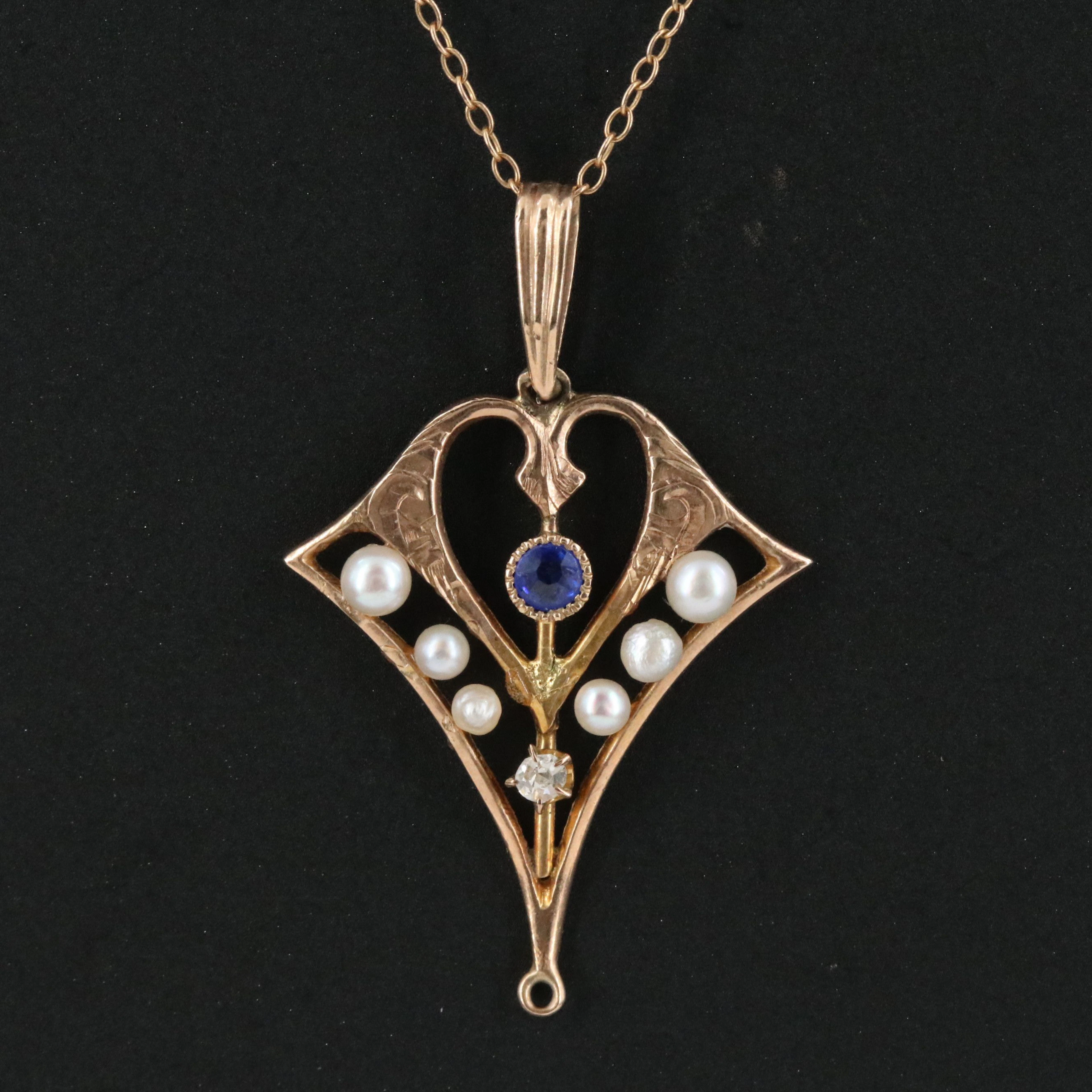 Art Nouveau 10K Lavalier Necklace with Pearl, Sapphire and Diamond