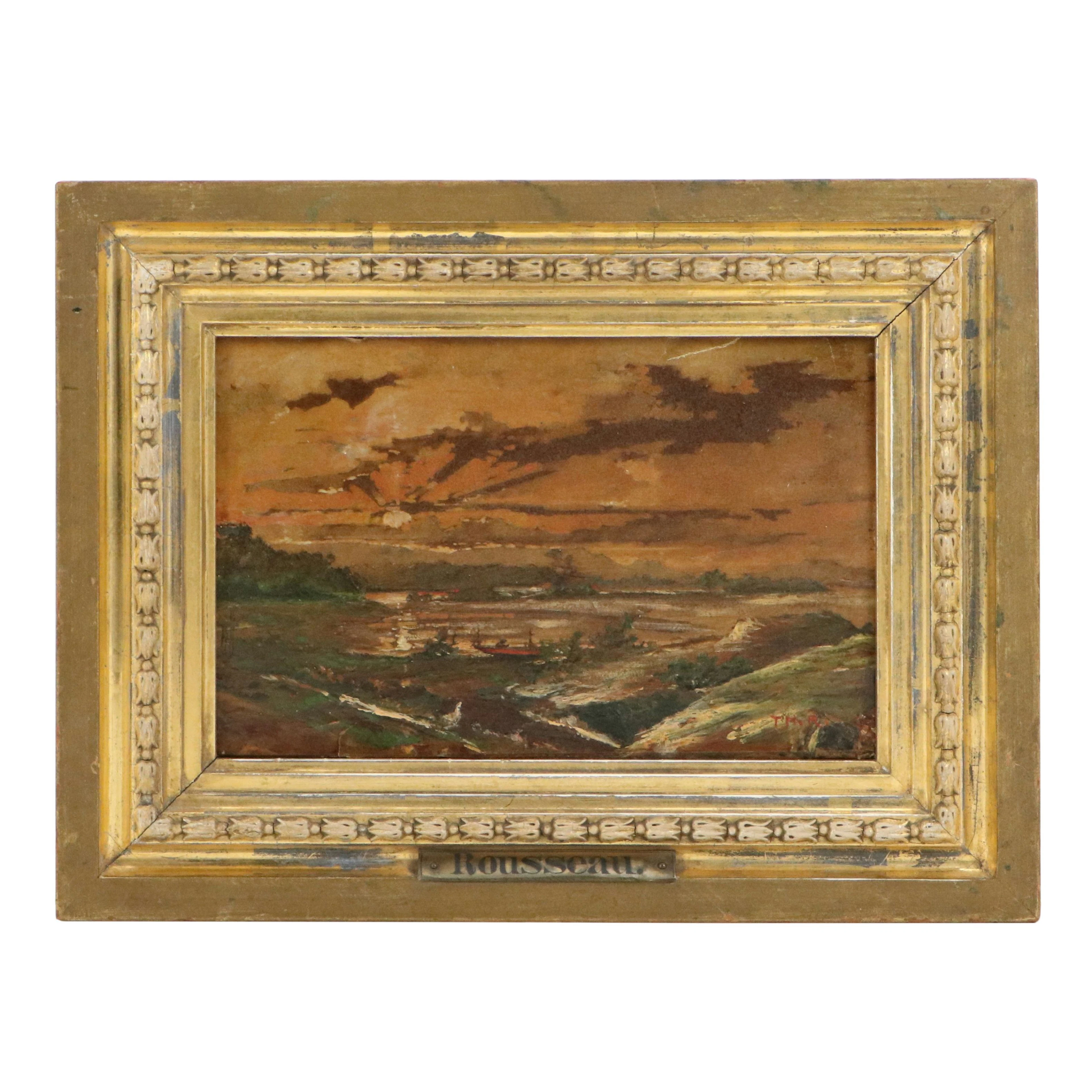 Attributed to Théodore Rousseau Sunset Landscape Oil Painting