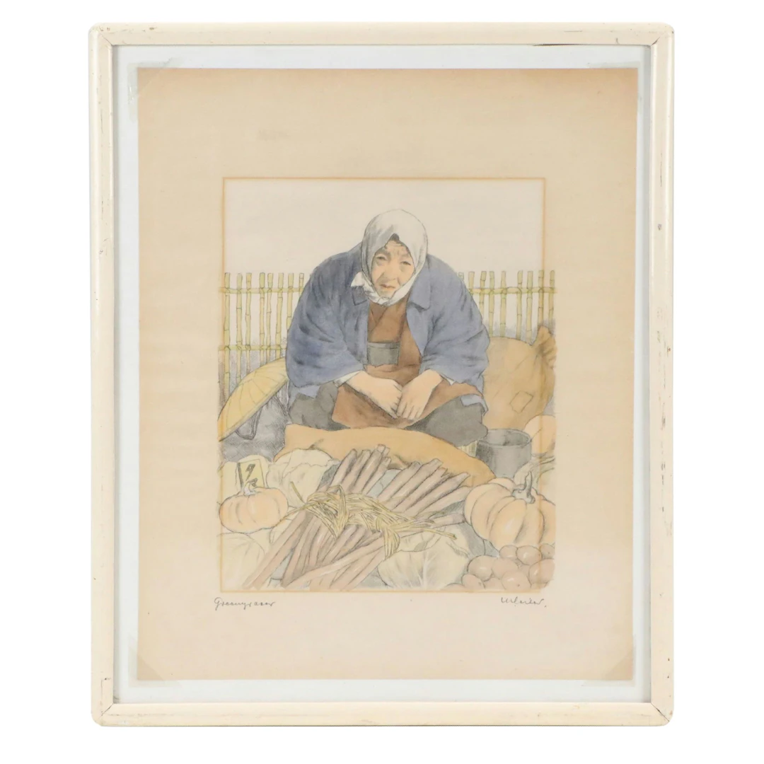 Willy Seiler Watercolor Etching "Greengrocer"