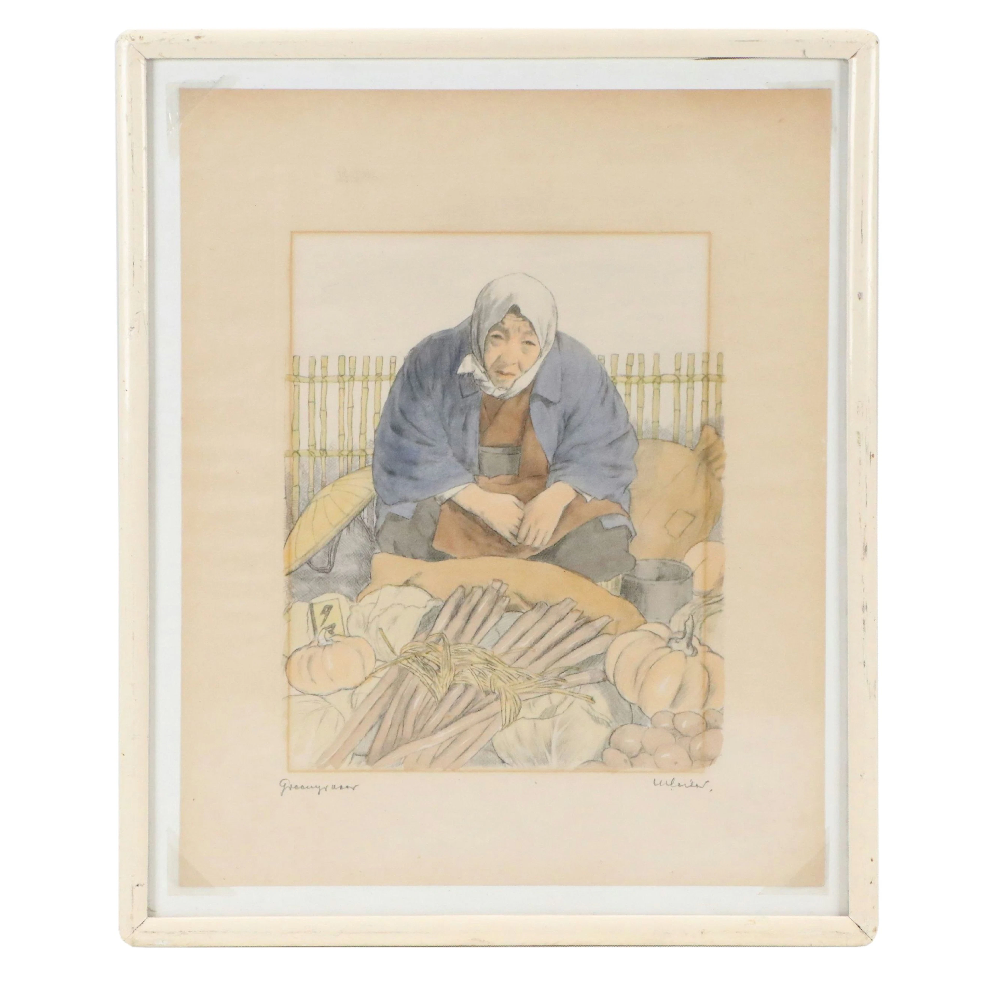 Willy Seiler Watercolor Etching "Greengrocer"