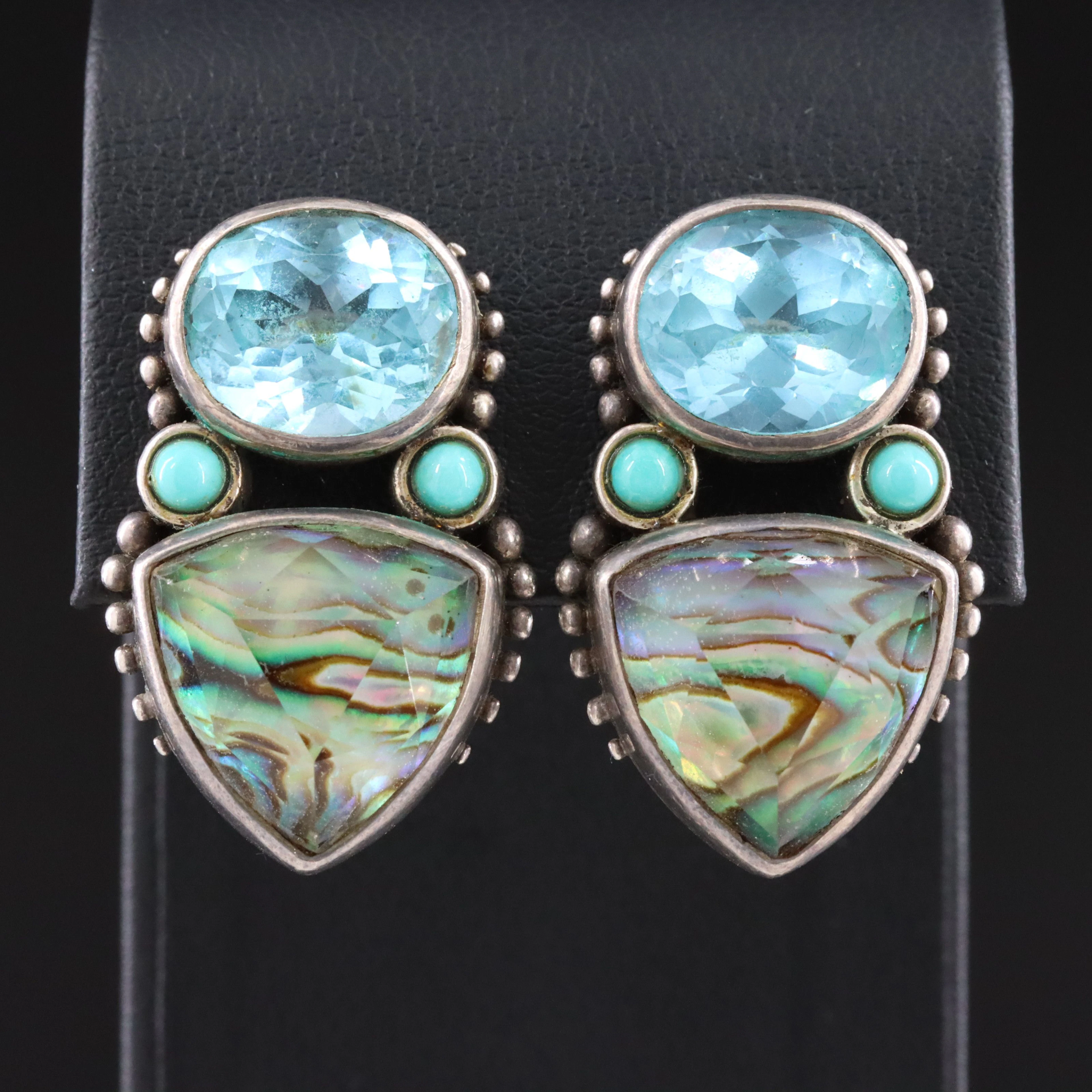 Stephen Dweck Sterling Clip Earrings Including Topaz and Abalone Quartz