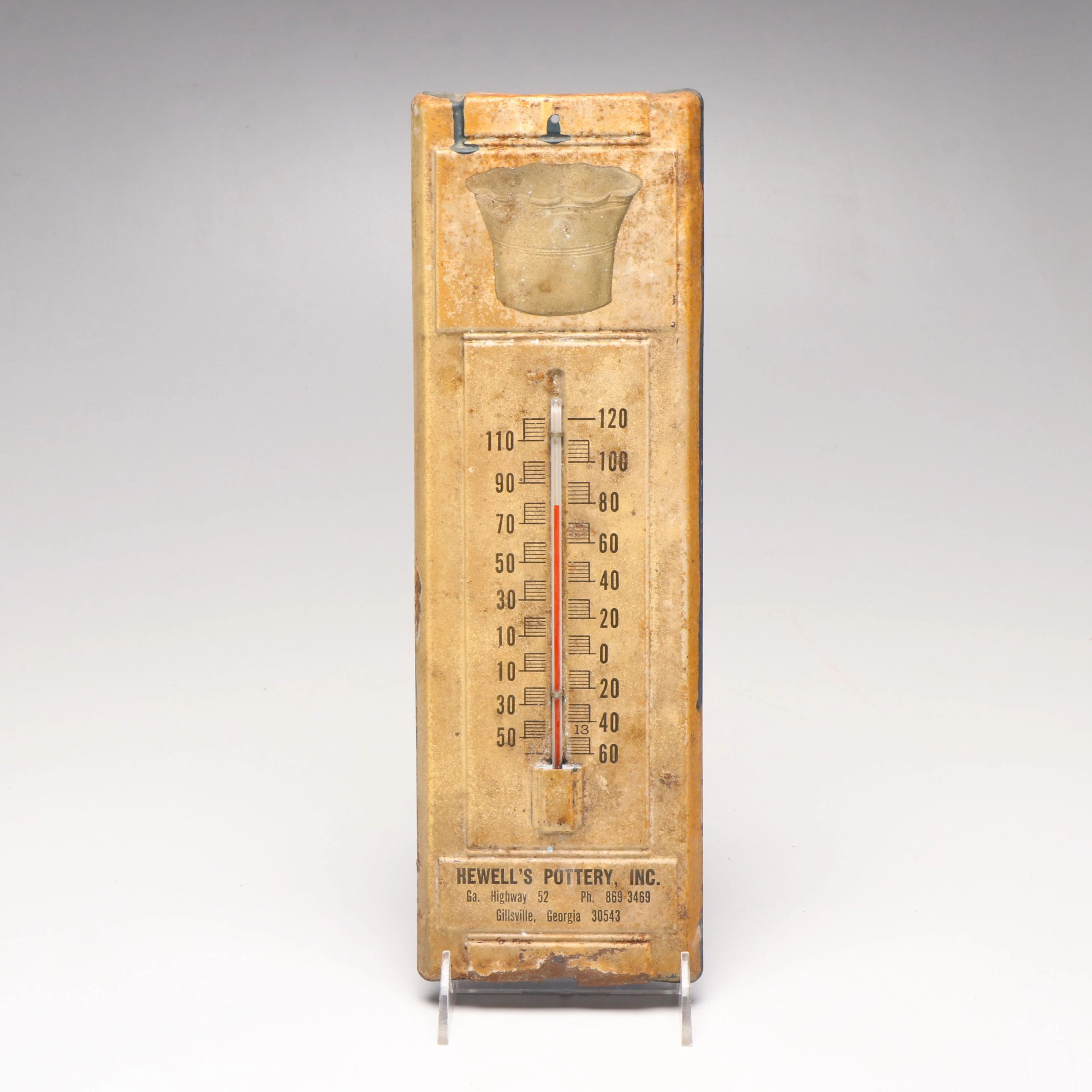 Hewell's Pottery Branded Metal Wall Thermometer, Mid-20th C.