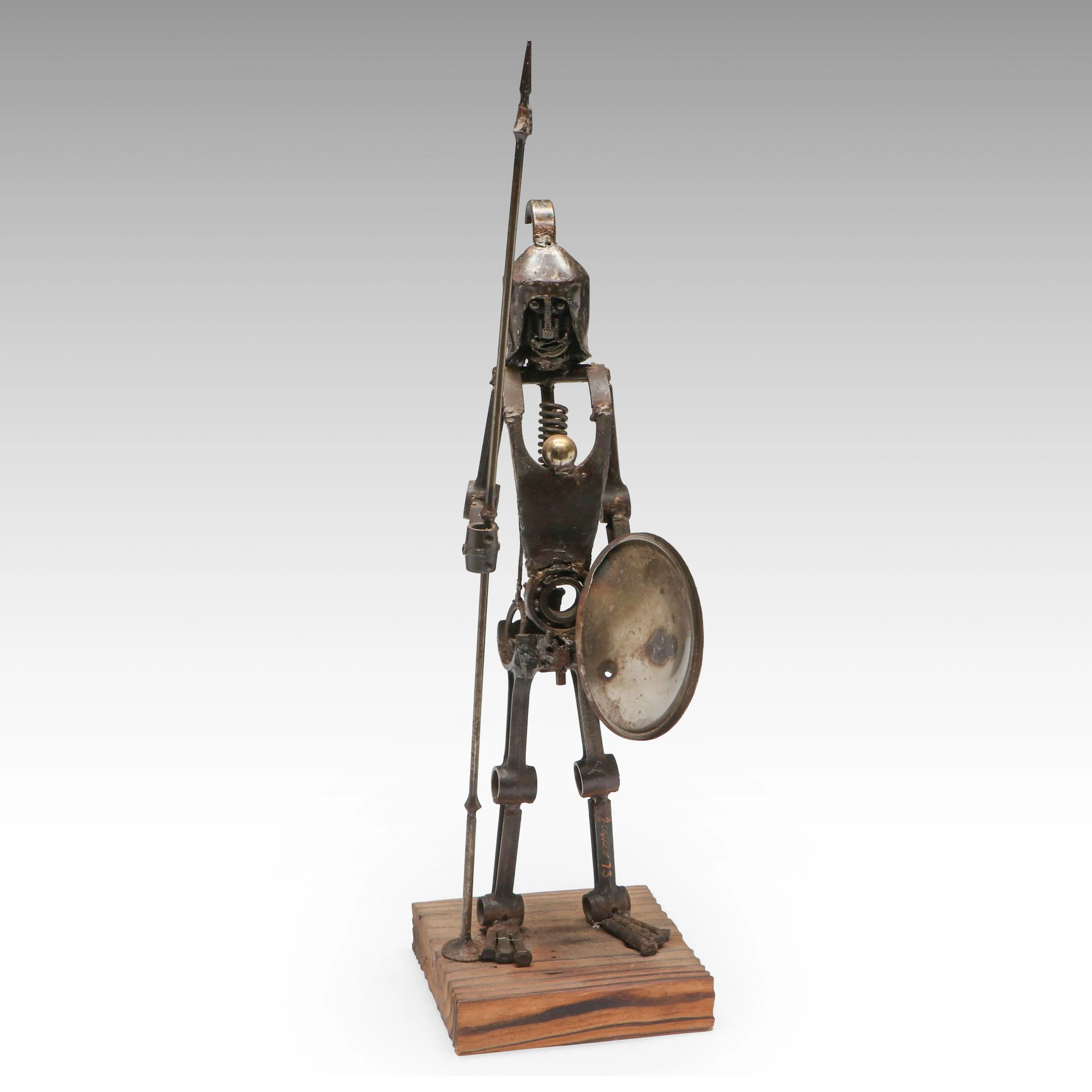 Mixed Metal Roman Soldier Statue on Wood Base, 1973