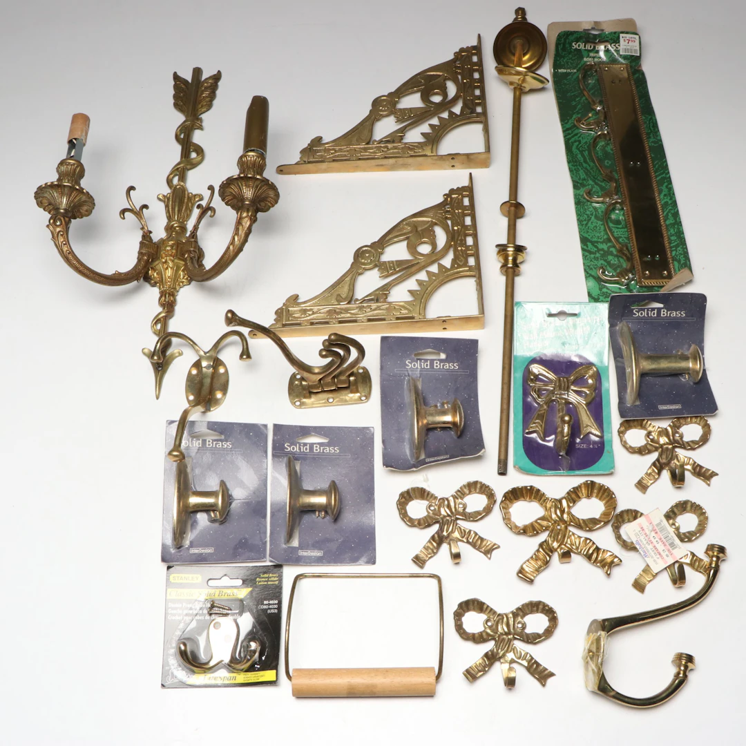 Brass Wall Candle Sconce, Shelf Brackets, Wall Hooks and Other Decor