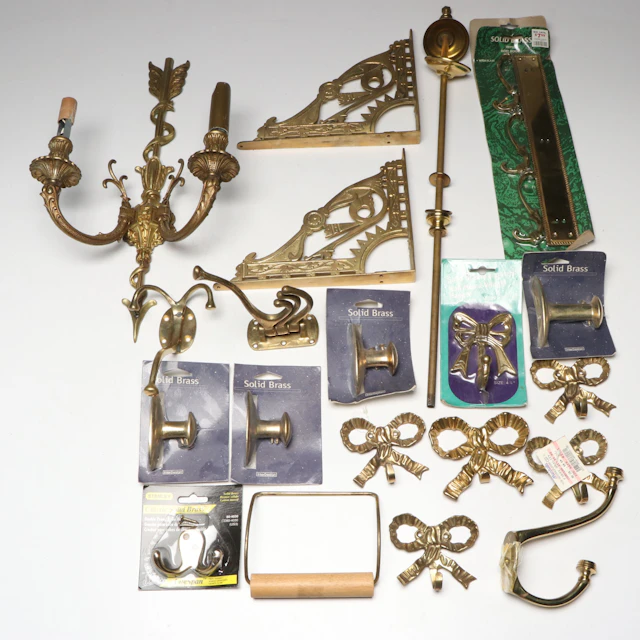 Brass Wall Candle Sconce, Shelf Brackets, Wall Hooks and Other Decor