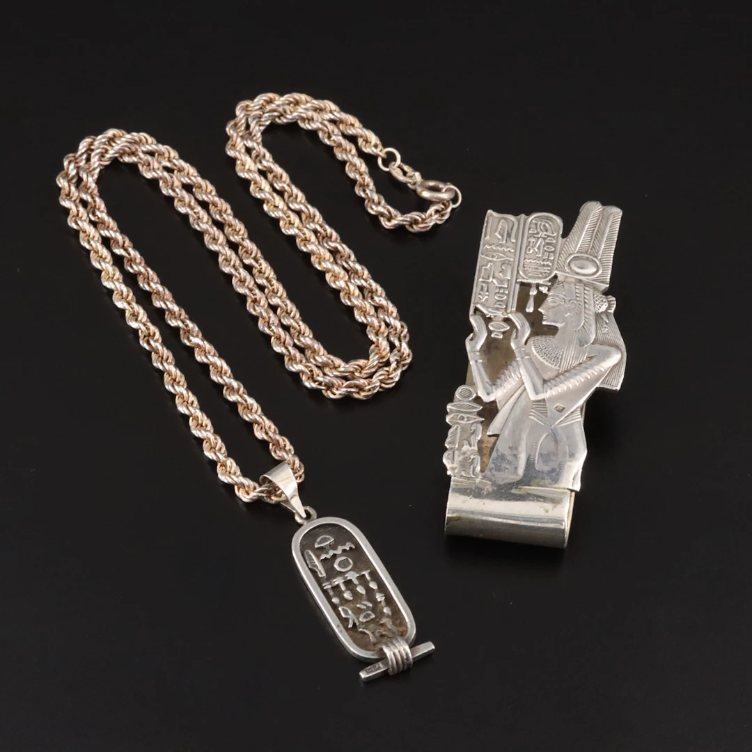 Egyptian Revival Sterling & 800 Silver Hieroglyph Necklace & Money Clip
