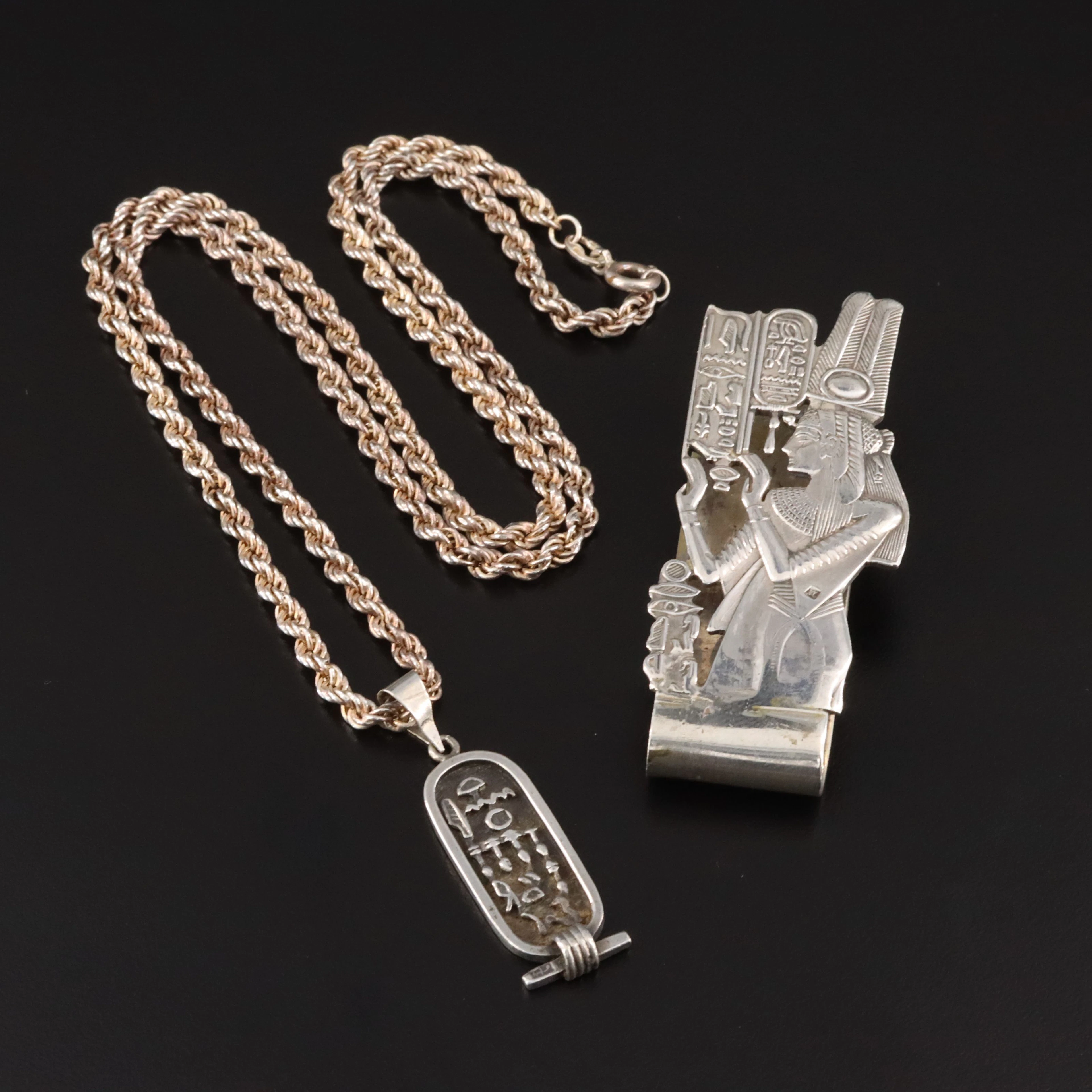 Egyptian Revival Sterling & 800 Silver Hieroglyph Necklace & Money Clip