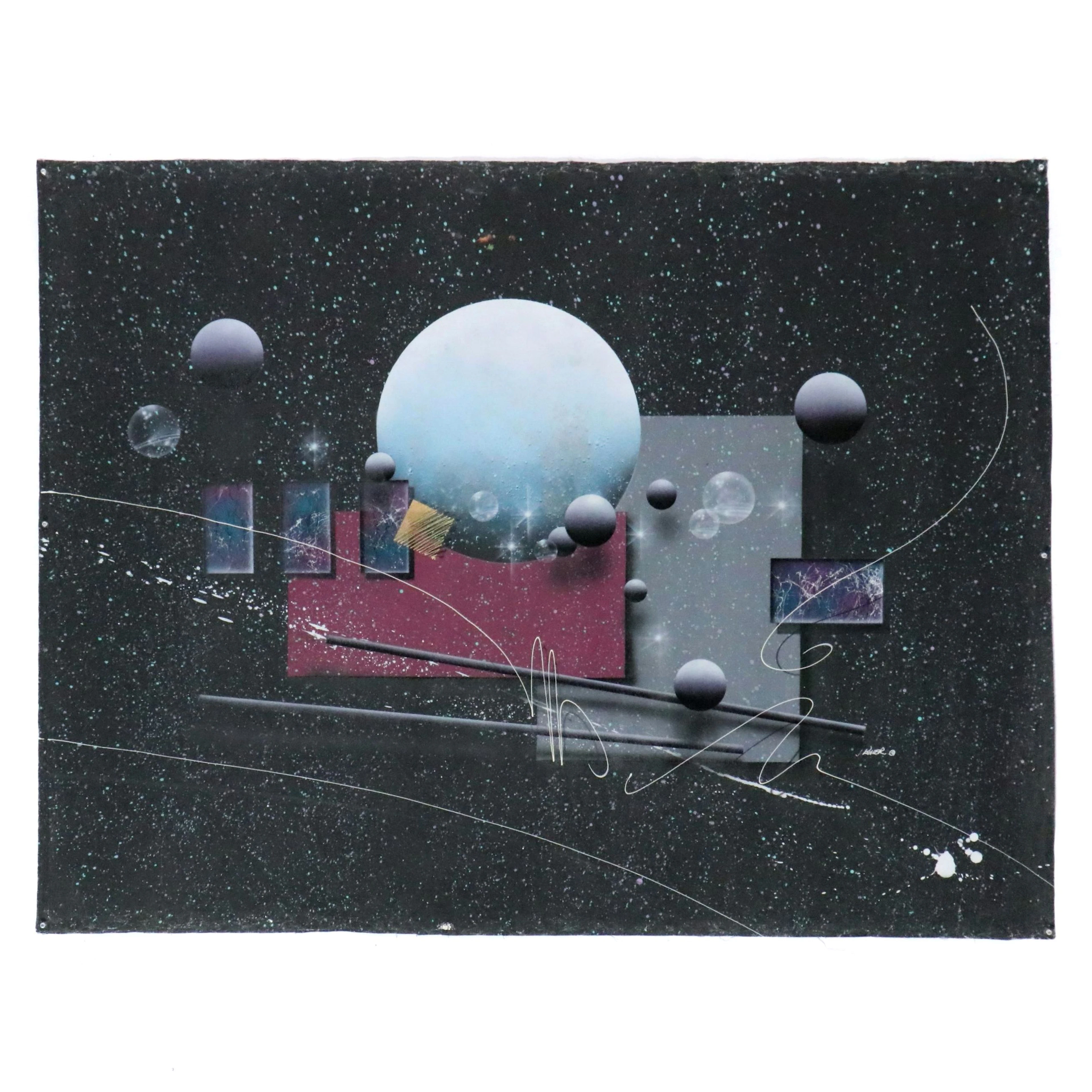 Josef Kugler Surreal Mixed Media Painting "Lost in Space," Late 20th Century