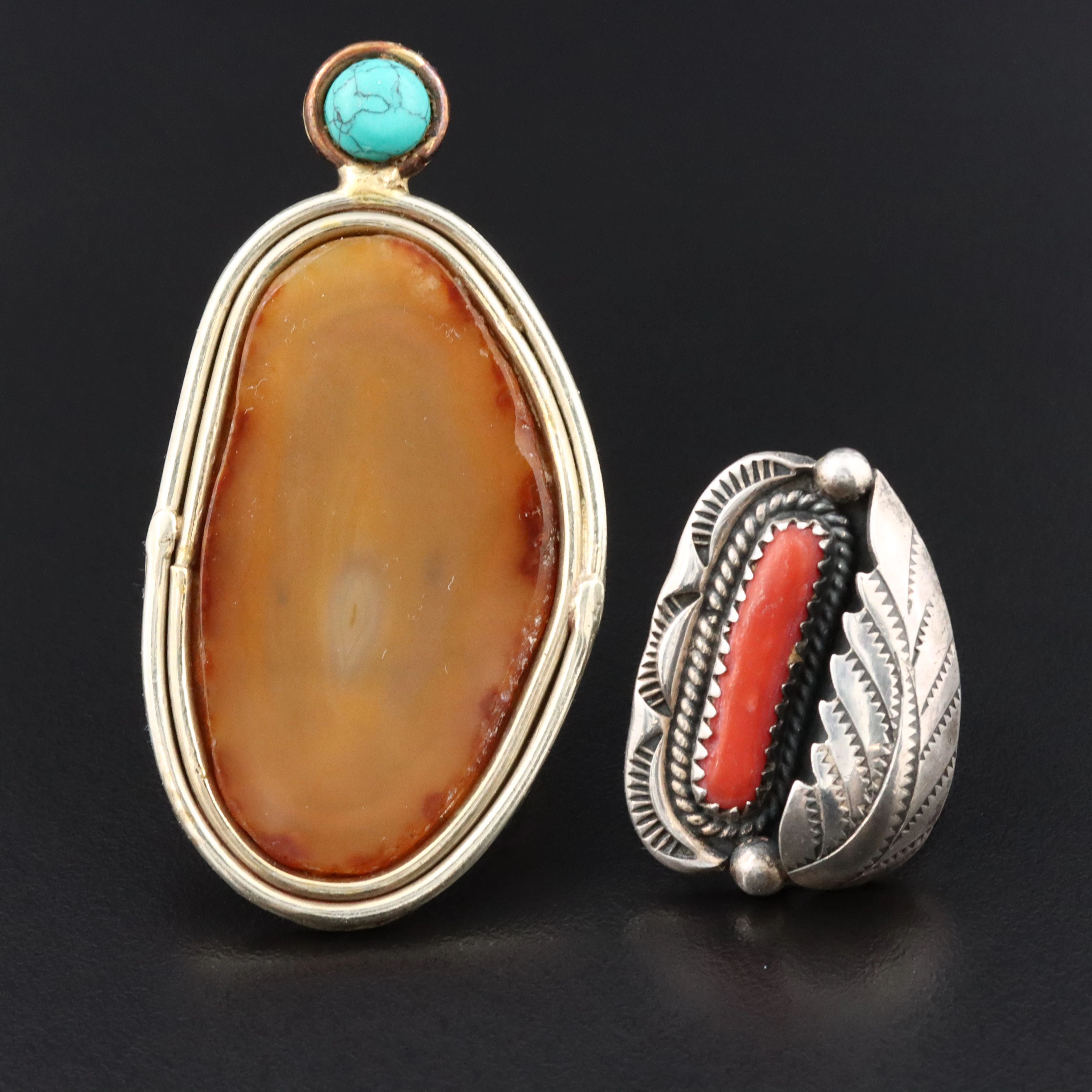 Southwestern Sterling Coral Appliqué Ring and Agate and Howlite Pointer Ring